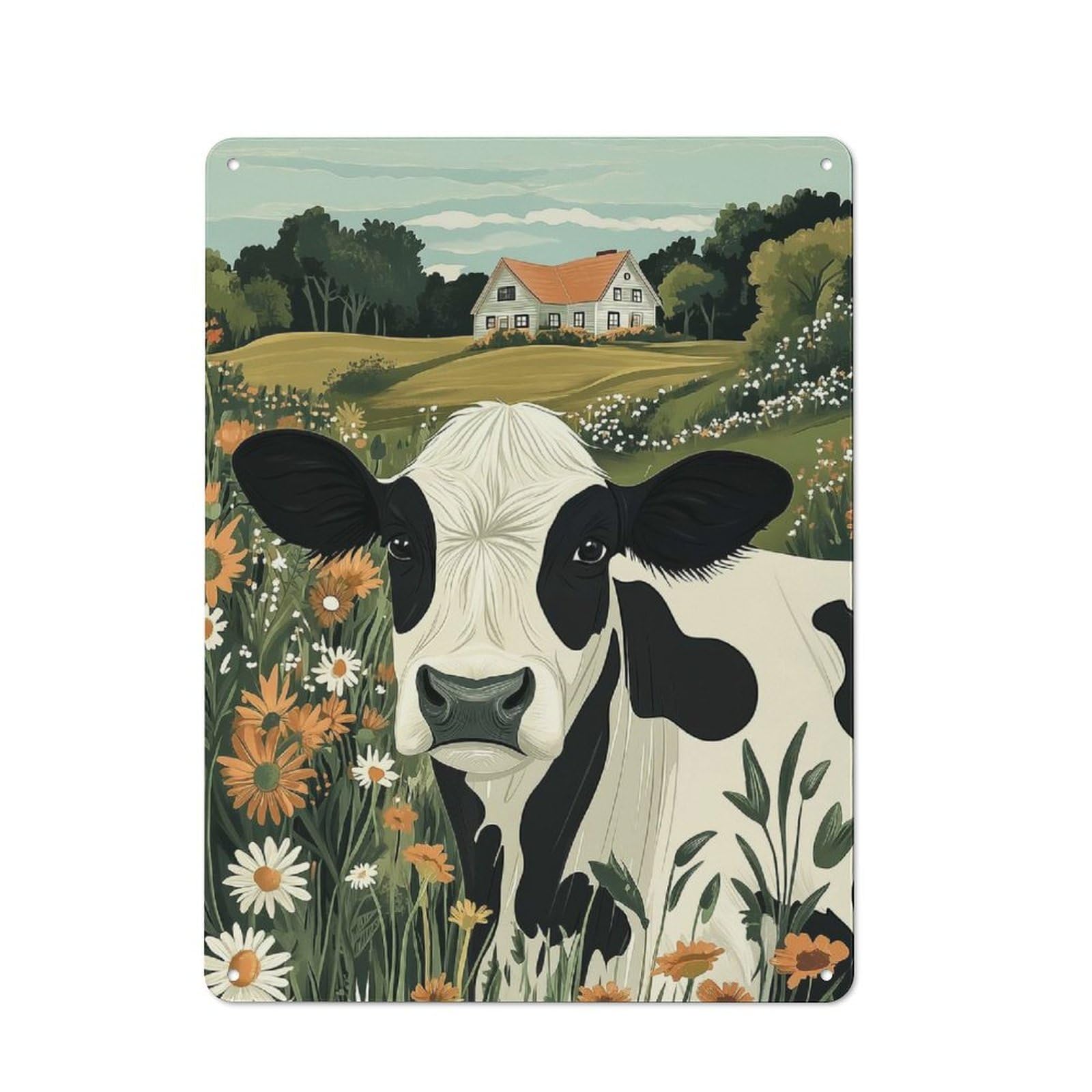 Junmoney Style-4 Cow In A Field Of Flowers Modern Vintage Metal Wall Decor 40X30cm, Tin Sign For Hobby Room, Office, Lounge Or Living Room