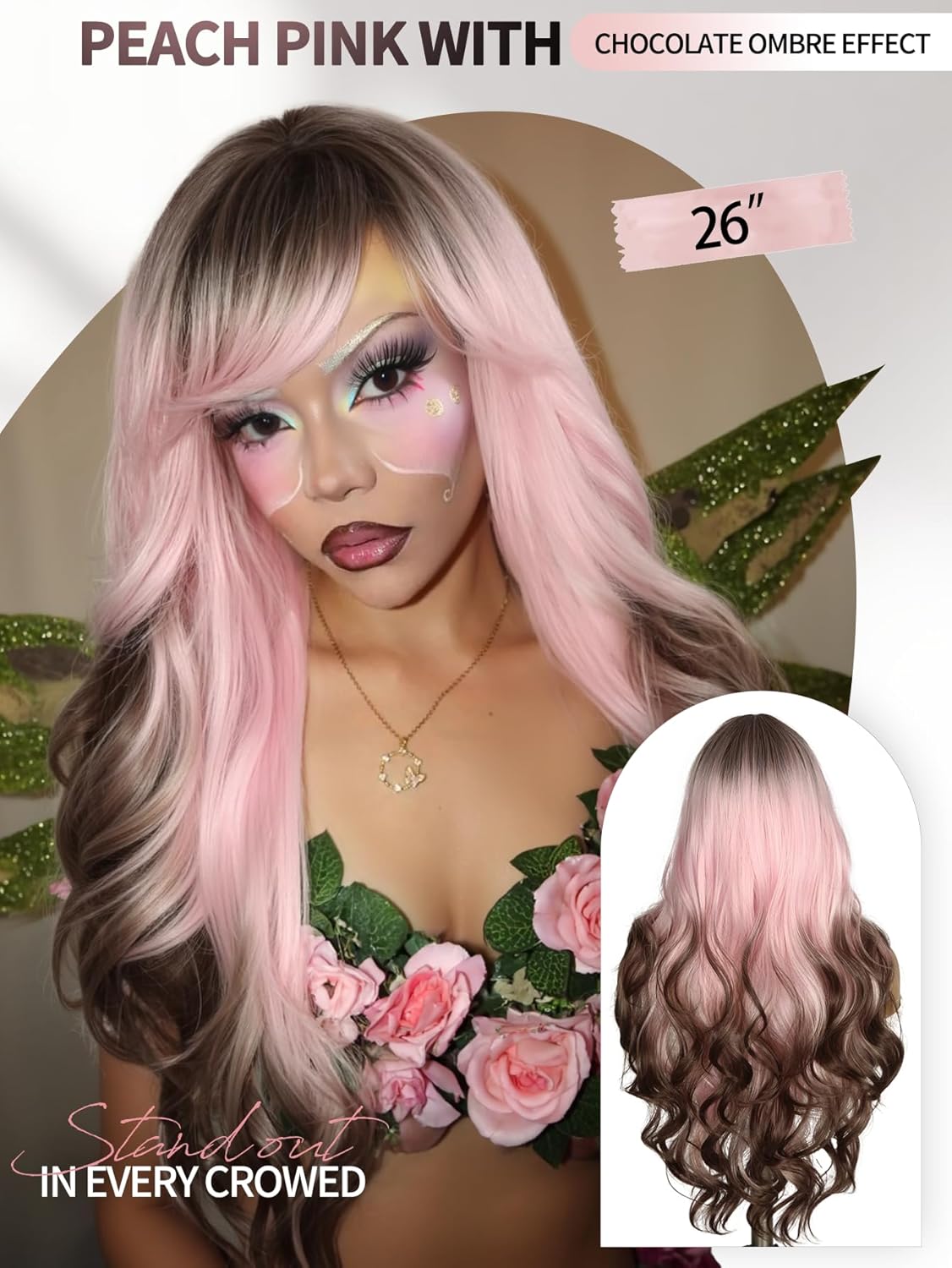 WIGER Long Wavy Wig With Bangs Pink Romantic Curly Hair With Brown Roots and Ends Synthetic Layered Curly Hair Ombre Pink Wig for Women Daily or Costumes