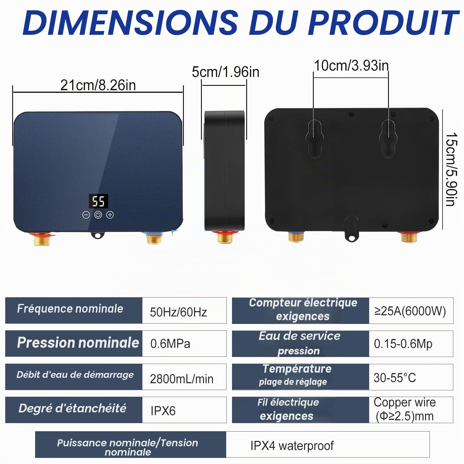 6000 W Mini Chauffe-eau éLectrique Instantané, Chauffe-eau Avec Affichage Led de la Température, Chauffe-eau Instantané pour Cuisine, Salle de Bain, Réglage de la Température 30-55 °C