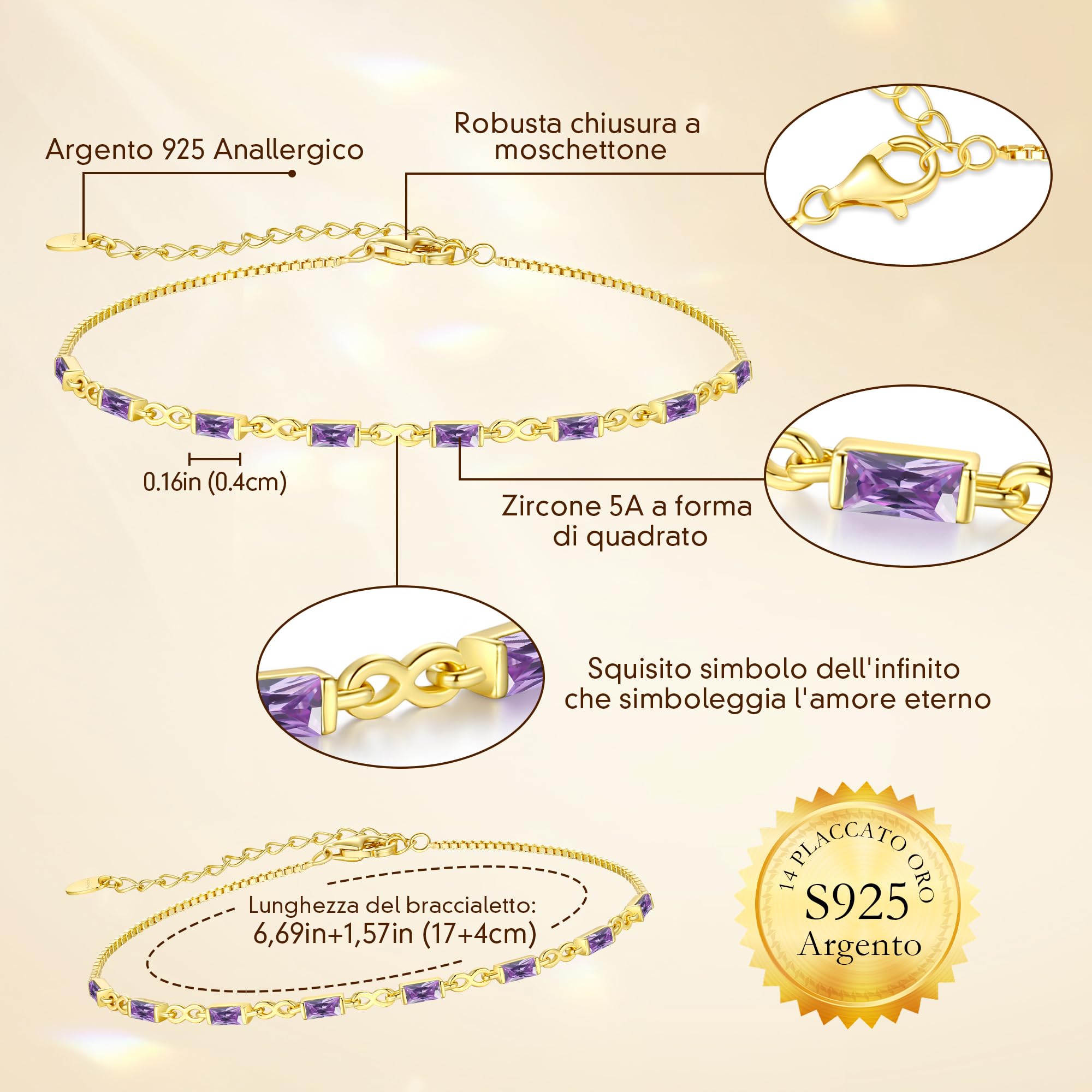 CDE 925 Bracciale pietra nascita per donne in argento Sterling Infinity simbolo Dainty braccialetto catena di fascino per donne compleanno gioielli laurea regalo per sua figlia mamma donna giugno,