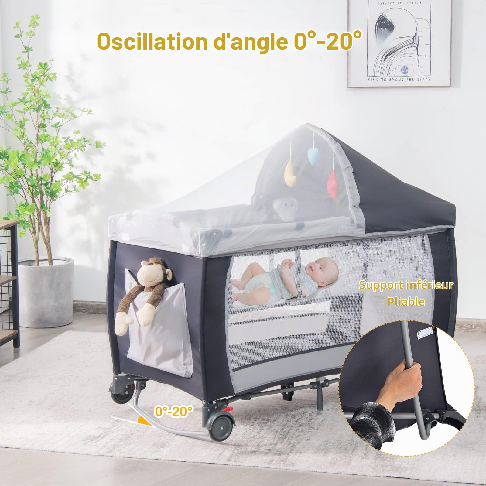 LIFEZEAL Lit Parapluie avec Matelas 2 Niveaux, Lit Pliant Bébé avec Sac de Rangement, Lit Bebe 0-36 Mois avec Table à Langer, Moustiquaire, Charge de 15 kg (Gris)