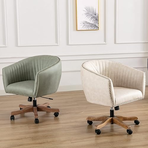 Miniatura 7 de QUINJAY Silla de escritorio de piel sintética verde para oficina en casa, silla de escritorio giratoria con brazo ajustable con cabezas de clavos,