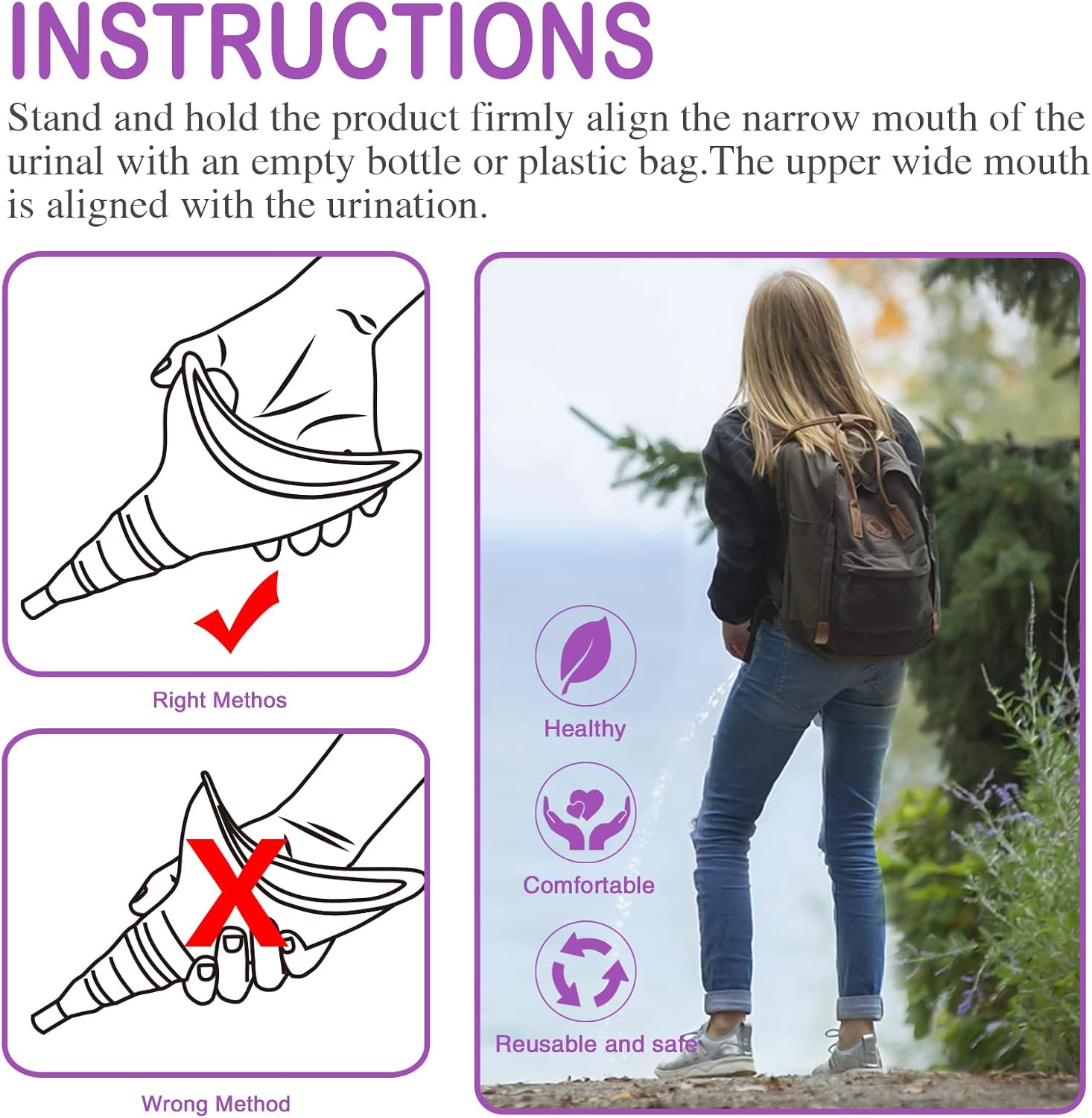Female Urination Device, Reusable Female Urinal Silicone Women Pee Funnel Allows Women to Pee Standing Up, Portable Womens Urinal is The Perfect Companion for Camping,Outdoor,Travel（Purple） : Health & Household