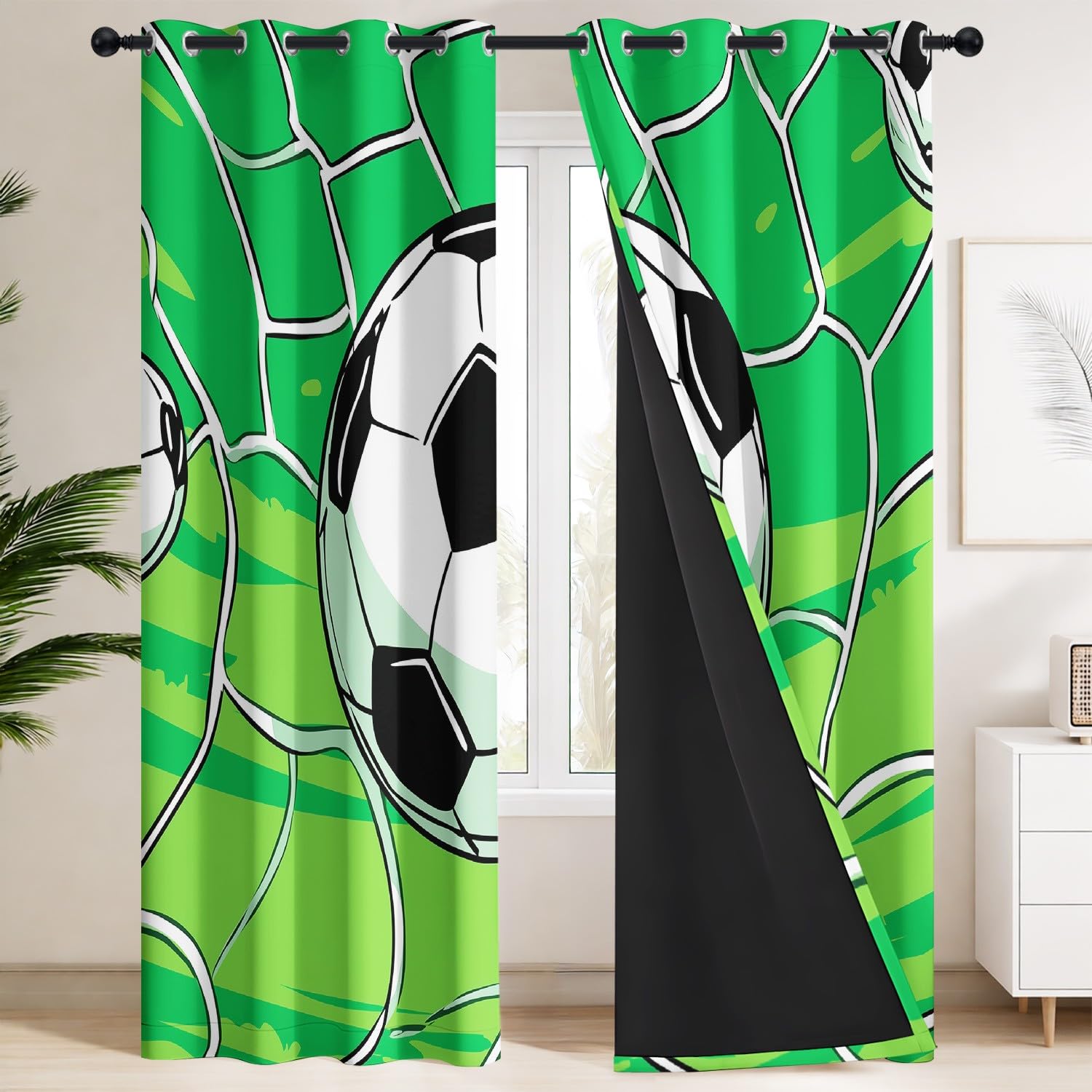 Zasłony zaciemniające 120 x 190 cm – zasłony termiczne z siatką do piłki nożnej, piłki nożnej, sportu, aktywnej energetycznie młodzieży, zestaw 2 bardzo szerokich zasłon do sypialni chłopców, szkolnej