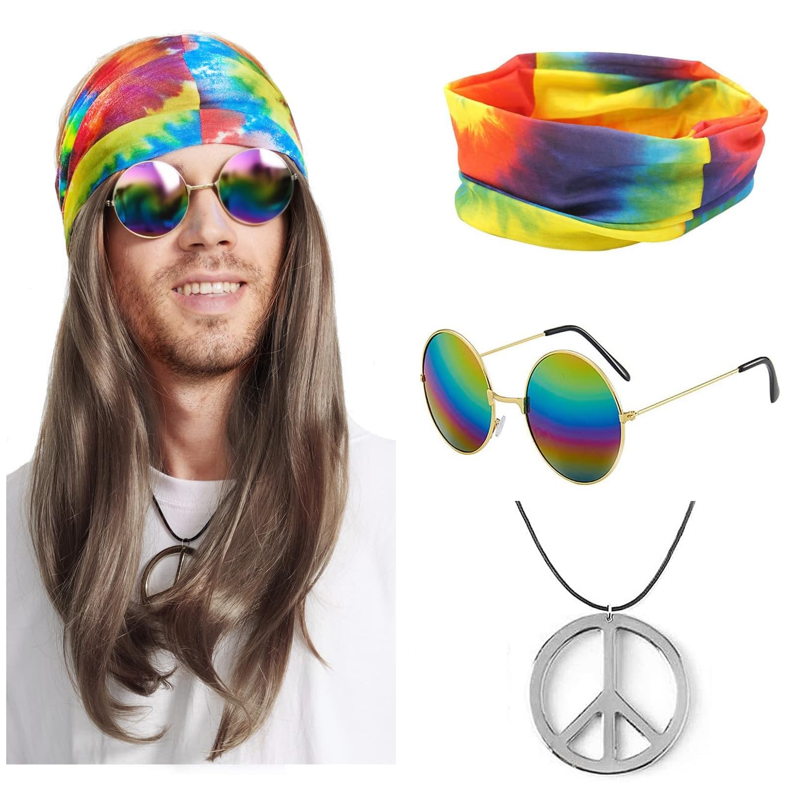 Disfraz Hippie Traje Conjunto, Set Disfraz Hippie Años 70, Accesorios Ropa Hippie Peluca Gafas Sol Collar Paz Colgante Aanillo Farbe Diadema para Halloween Disfraces Fiesta de Carnaval