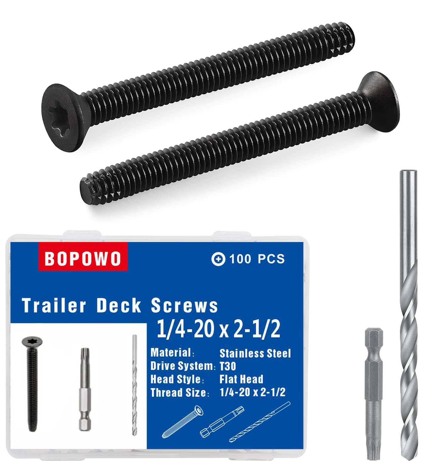 Bopowo 1/4-20 x 2 1/2 Flat Head Floorboard Thread Cutting Screws, Type F, (Star - Six Lobe - Torx Drive), Black Phosphate Finish, Countersunk, T-30