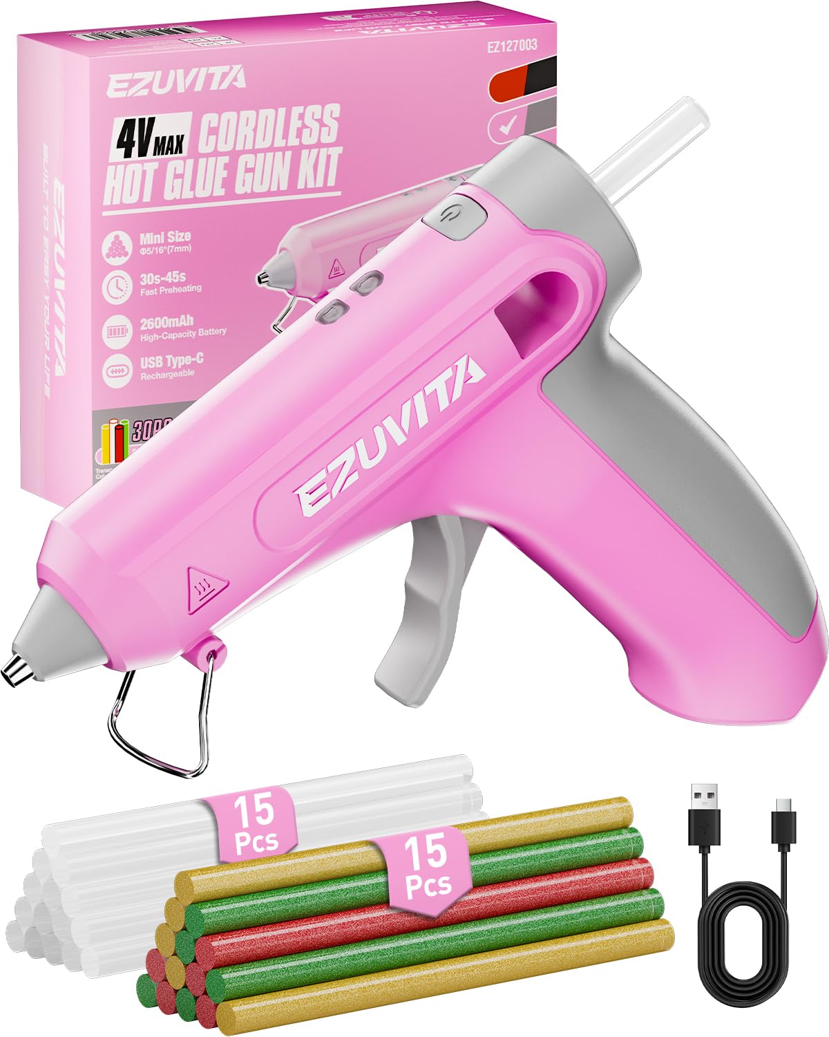 EZUVITA 4V Pink Cordless Hot Glue Gun Kit with 30 Multi-Color Glue Gun Sticks, Fast Preheating, Smart Power-Off, USB-C Rechargeable with 2600mAh Built-in Battery, Less-Drip for DIY, Decorations