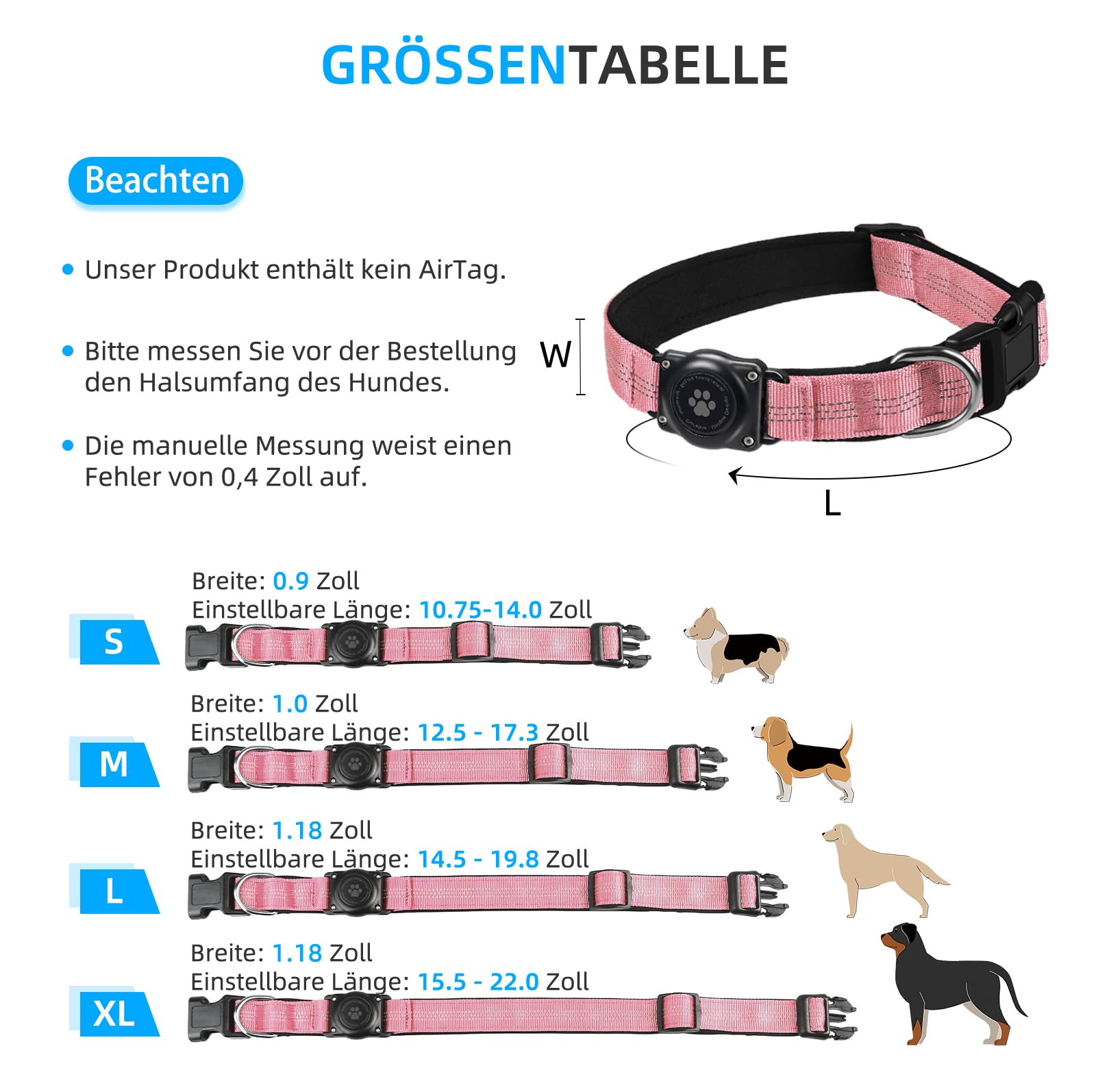 AirTag Hundehalsband, IP68 wasserdichte Integriertes Apple Air Tag Halter Hundehalsband mit AirTag Halter, Reflektierend, Besonders haltbar, Hundehalsbänder für mittlere große Hunde [Rosa,S]
