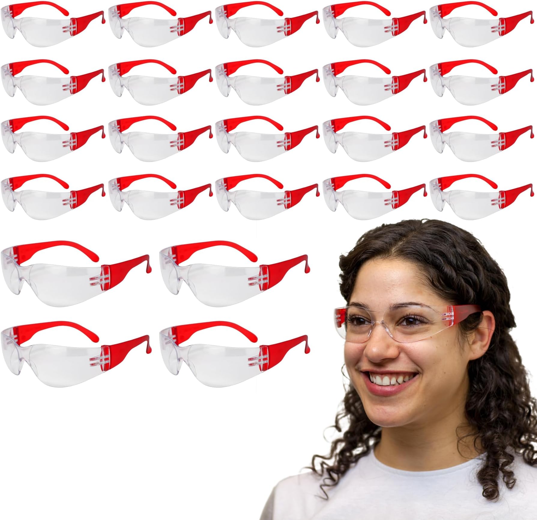 SAFE HANDLER Clear Lens Color Temple Safety Glasses | One Size, Adult, Youth, Clear Protective Polycarbonate Lens Color Temple, Red, 24 PAIRS