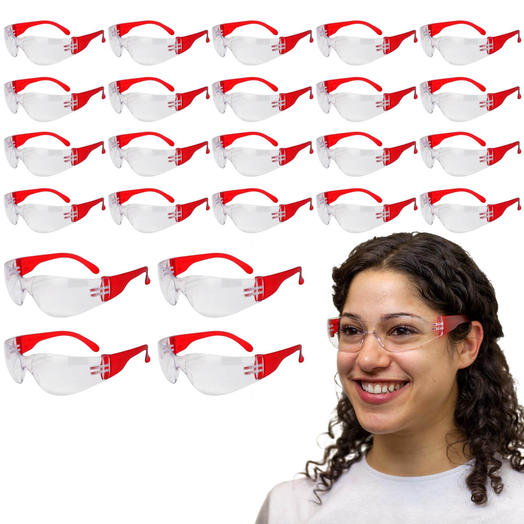 SAFE HANDLERBISON LIFE Clear Lens Color Temple Safety Glasses | One Size, Adult, Youth, Clear Protective Polycarbonate Lens Color Temple, Red, 24 PAIRS