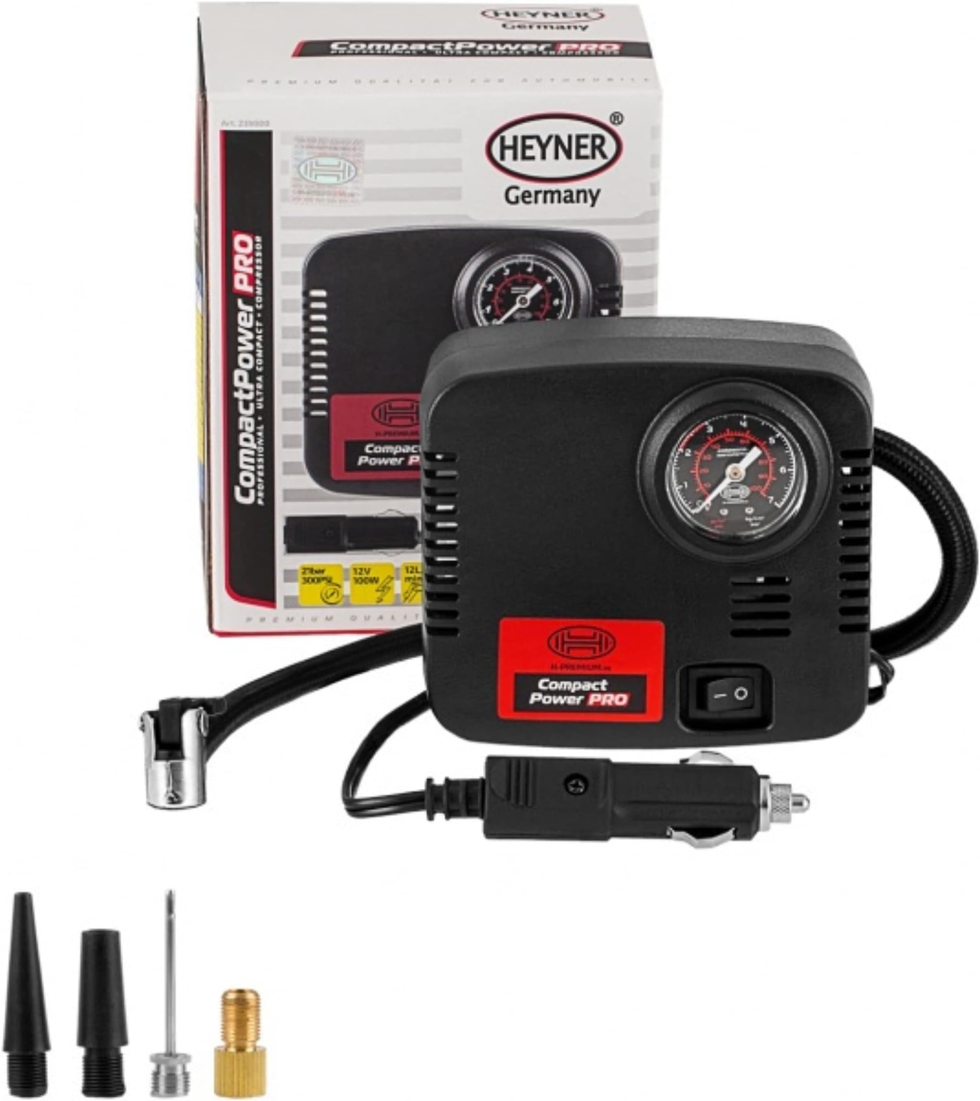 HEYNER Premium Mini Compact Power Air Compressor 12V handy Tyre Inflator 100 PSI 7 BAR Electric Pump Cigarette Plug Storage Bag H235000