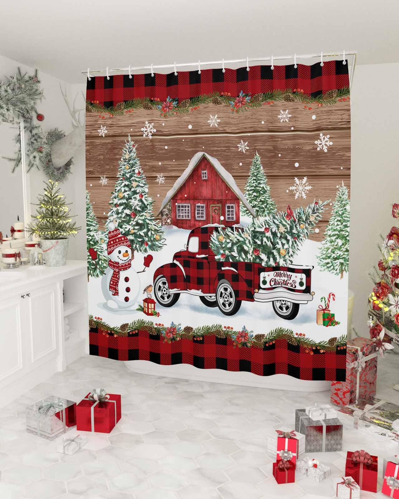 Duschvorhang Ohne Haken Mit Einrastfutter – Weihnachtsbaum-Design Mit Roten Kugeln, Wasserdicht 183 X 183 Cm, Mit Transparentem Fenster