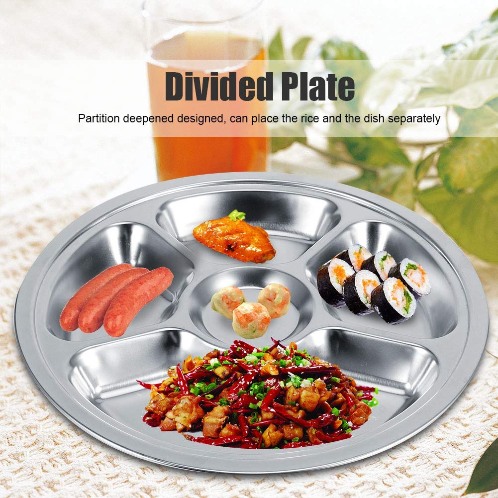 5 Pièces Assiettes Divisées épaissir 304 Assiette à Dîner En Acier Inoxydable Portion Ronde Assiette De Contrôle Vaisselle Pour le Déjeuner, Camping(5-Section)