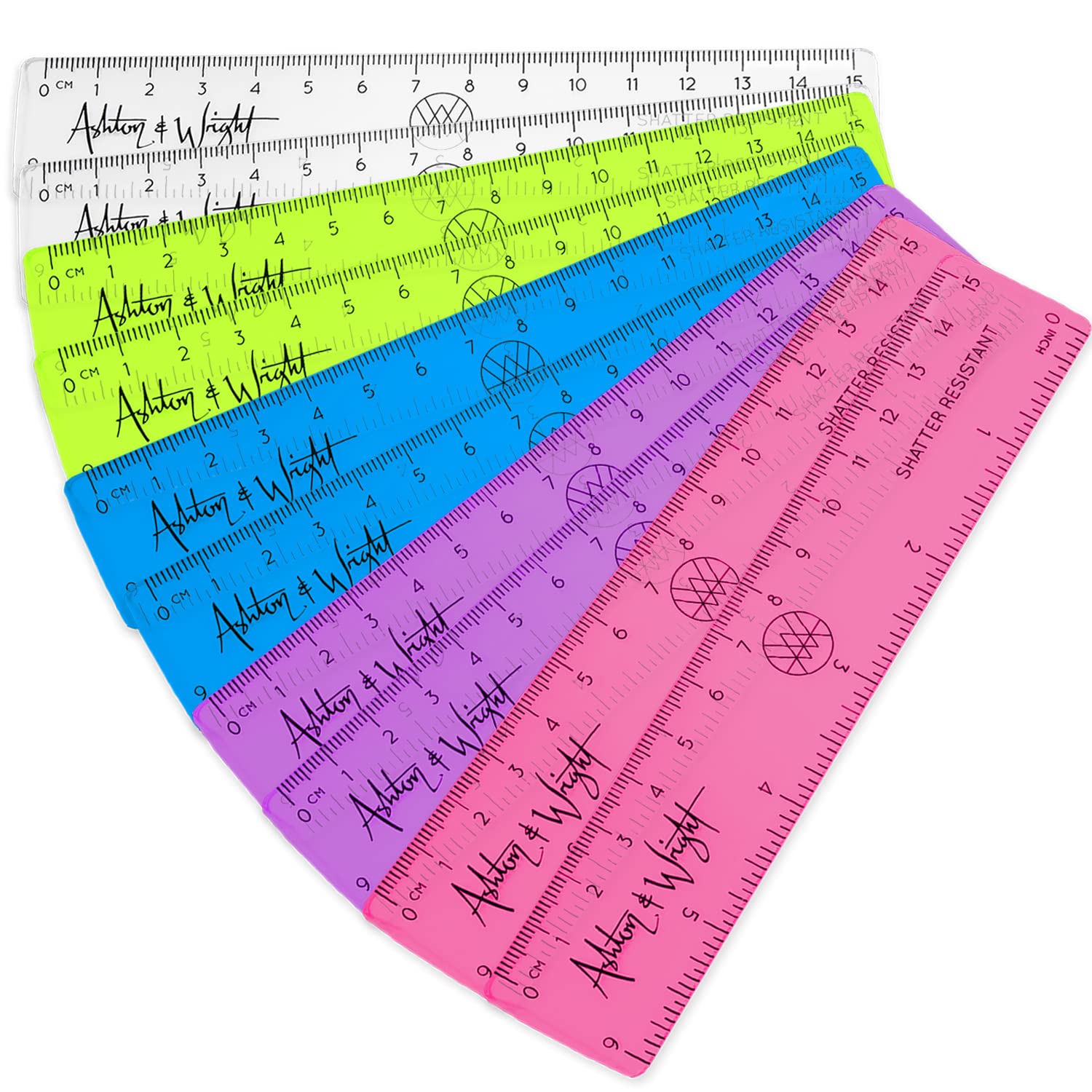 Ashton and Wright - 6 Inch / 15cm Rulers - Shatter Resistant - Pack of 10 Transparent Colours