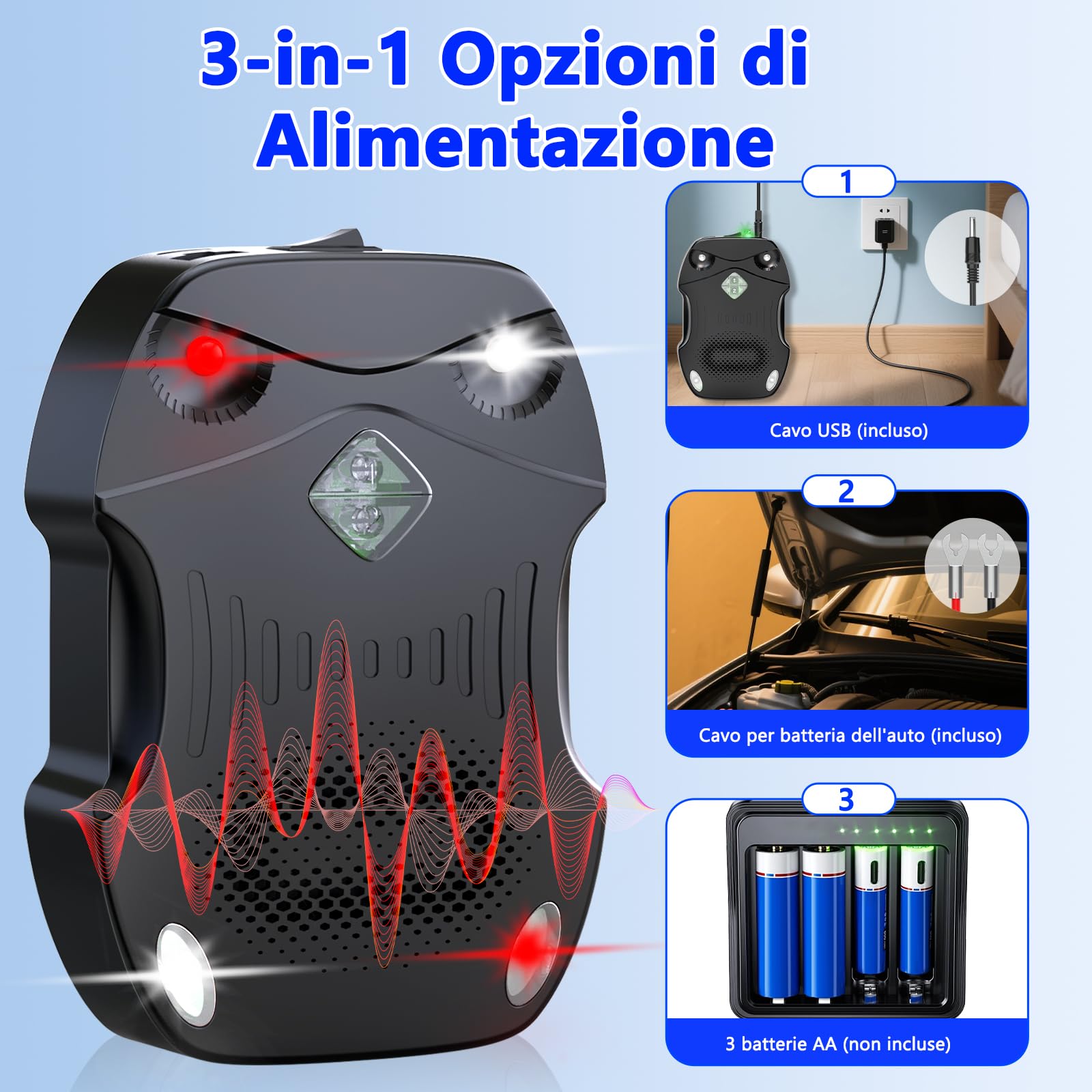 Repellente Topi per Auto, Repellente Martore Auto con Flash | 9-65kHz Ultrasuoni per Topi a Batteria | Anti Martora, Faine, Donnole e Roditori | per Garage, Casa, Giardino (2 Pezzi)