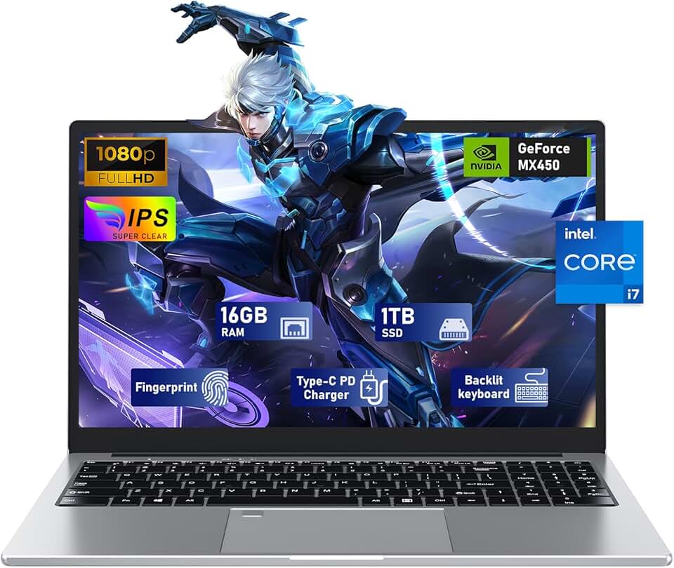 NAIKLULU Laptop para jogos, laptop de 15,6 polegadas, processador i7-1195G7 4C/8T (até 5 GHz), gráficos MX450, 16 GB de RAM, SSD de 1 TB, tela FHD 1920 x 1080 de 15,6 polegadas, WiFi 5, BT4.2, teclado