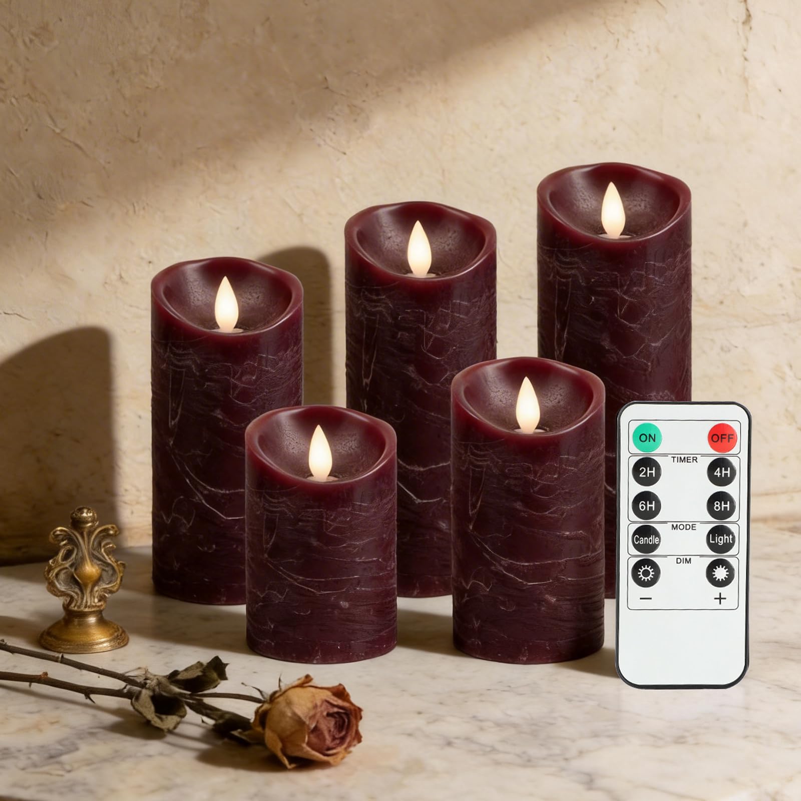 RanBluu 5 Pack LED Candles with Remote Control & 24 Hour Timer, Flameless Real Wax Pillars, Battery Powered Flickering Candles for Birthday/Party/Wedding, Red