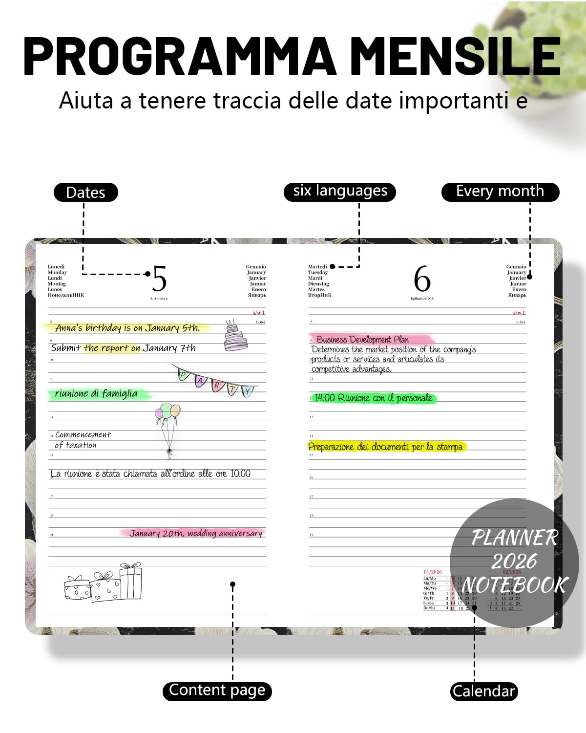 HW CASA Agenda 2026 Giorno per Pagina Formato A5 - con Festività Internazionali, Elastico e Sezioni | Copertina in CARTA Morbida (DE/IT/ES/EN/FR) Studenti e Lavoratori