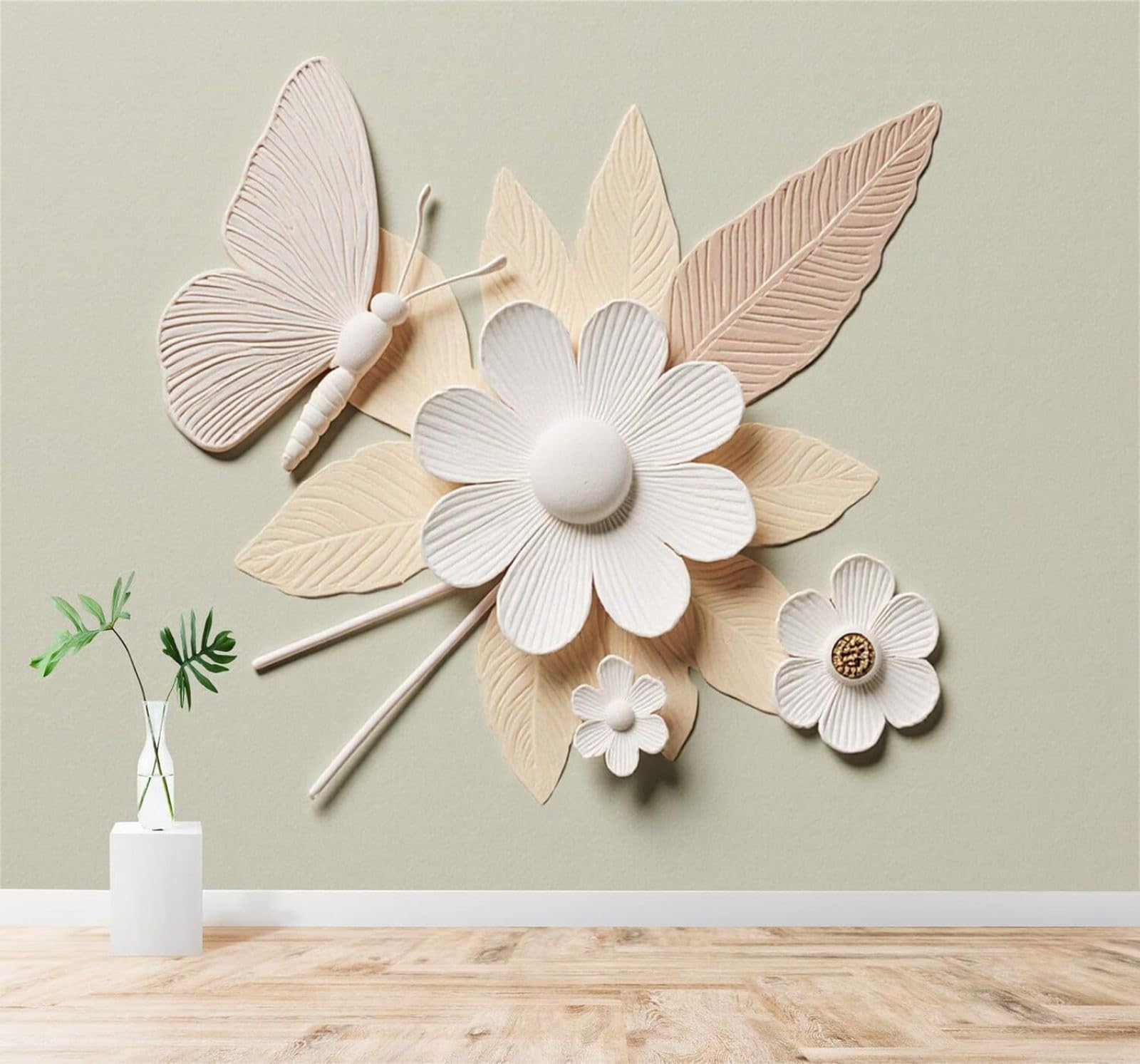 XLMING Minimalist Butterflies Flowers Beige Leaves Art 3D Wallpaper Silky Texture Home Study Office Grey Dining Room Sofa Bedroom Living Room TV Backdrop-350cm×256cm