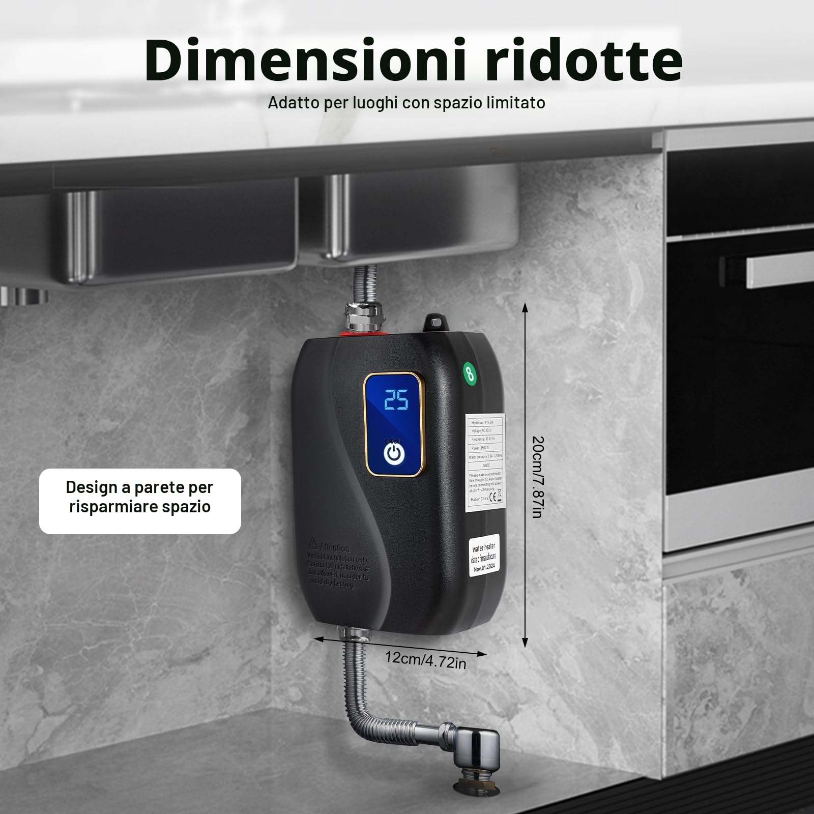 Scaldacqua istantaneo 230V, scaldacqua elettrico senza serbatoio, doccia elettrica istantanea senza serbatoio 3500W, per bagno e cucina, 25-50 °C