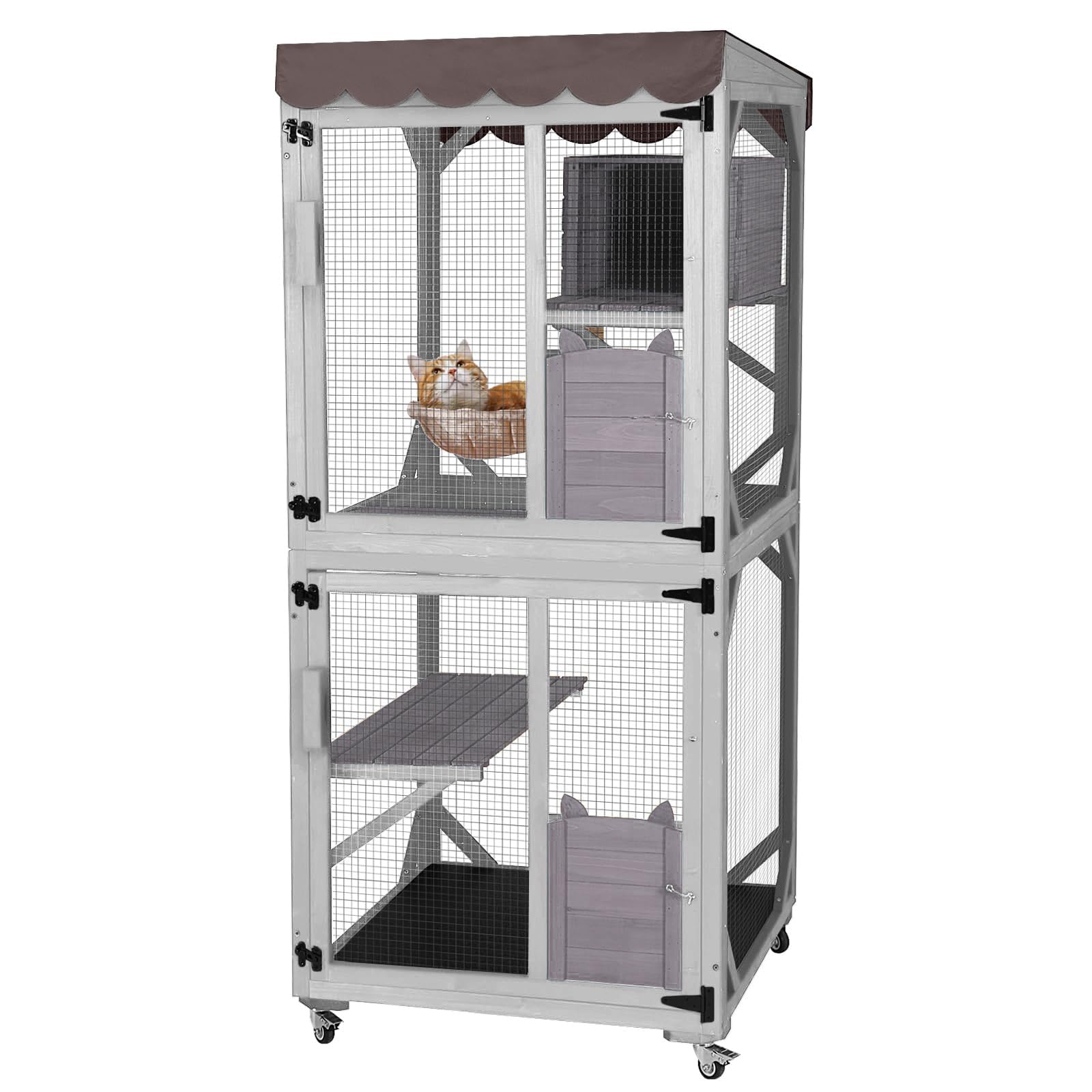 X-ZONE PET Catio Outdoor Cat Gehäuse auf Rädern Indoor Kitty Haus mit Katzenbett, Kratzbaum, springende Plattformen, wasserdichtes Dach (grau) 80CM/Lx80CM/Wx182.5CM/H