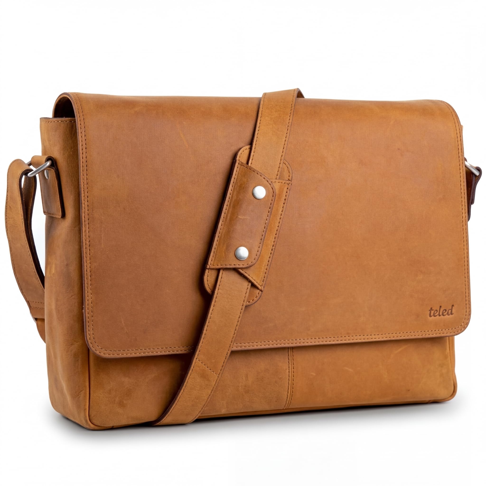 Umhängetasche Leder für Herren Damen - Echtleder Laptoptasche 15.6 Zoll, Leder Aktentasche Messenger Bag, Vintage Ledertasche mit Schultergurt, Herrentasche Schultertasche, Lehrertasche,Braun