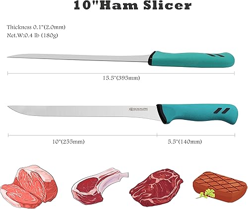 Miniatura 3 de YOUSUNLONG Cuchillo para rebanar Cuchillo de jamón 10" (254 mm) - Hoja de acero de molibdeno de alto carbono - Cortador de carne y jamón estilo