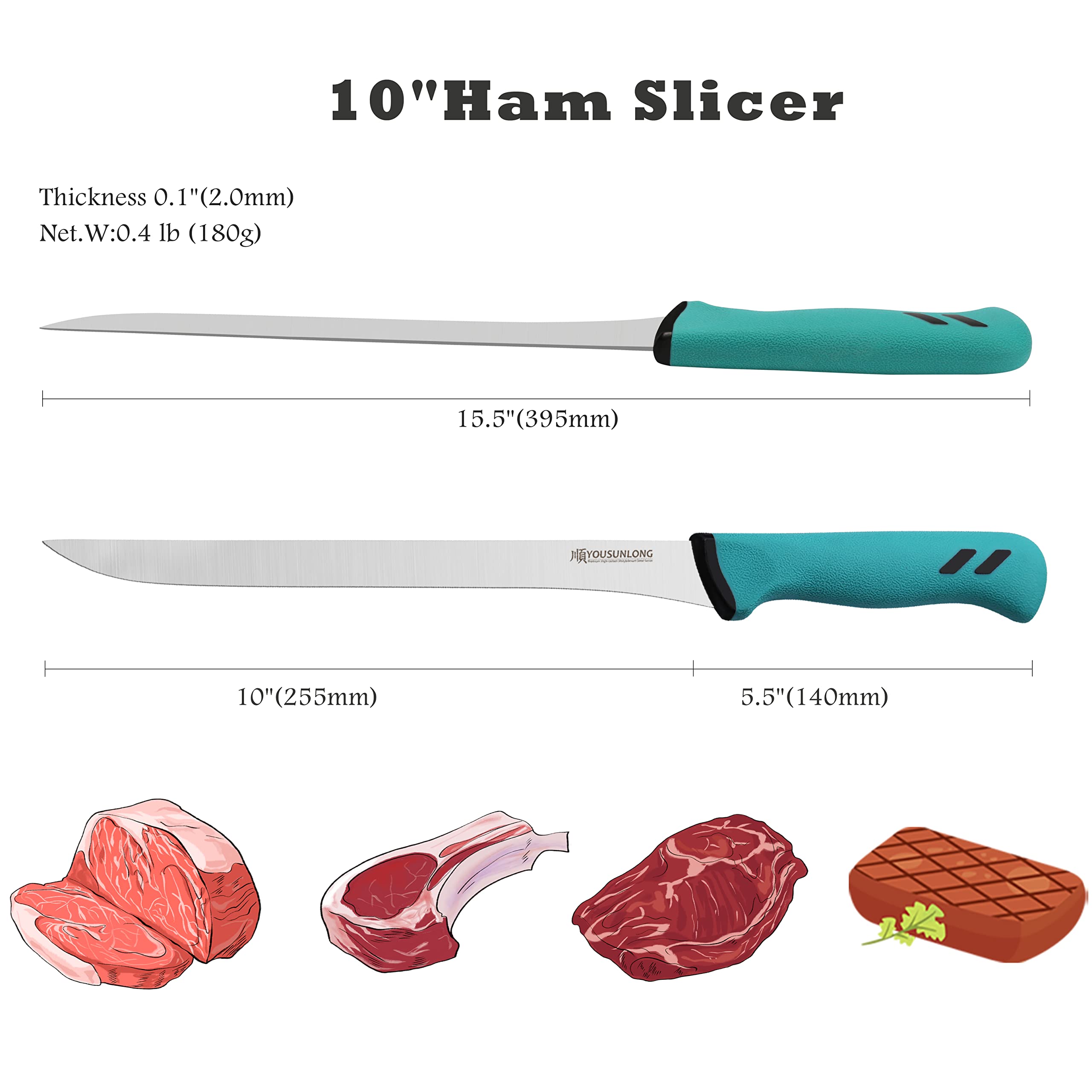 YOUSUNLONG Coltello per affettare Coltello da prosciutto 254 mm - Lama in acciaio al molibdeno ad alto tenore di carbonio - Affettatrice per prosciutto spagnolo - Impugnatura ergonomica e antiscivolo