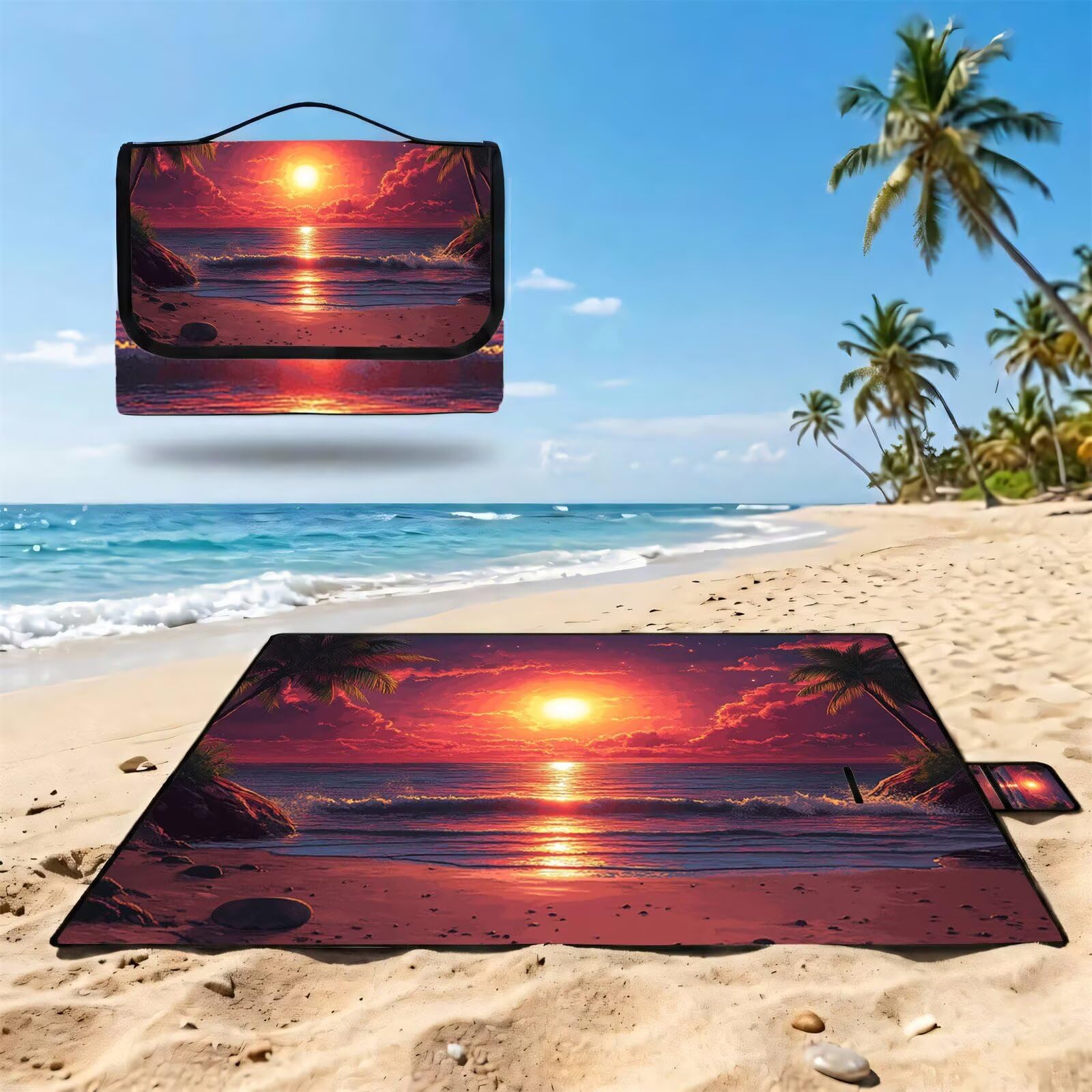 Couverture Pique Nique Grande 200x300cm,Outdoor Couverture Imperméable,Pliable Tapis de Plage Dos en PVC,Picnic Blanket pour Camping Accessoires,Jardin,Parc,Famille - Coucher de Soleil,Paysage UZ-277