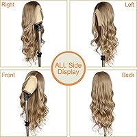 Vista 3 de SAPPHIREWIGS Peluca de encaje frontal marrón sintética, pelucas de encaje frontal sintéticas para mujeres, marrón natural con puntas rubio ceniza