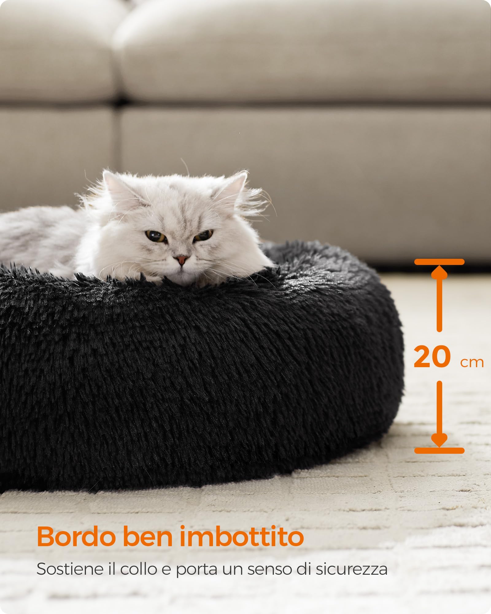 Feandrea Cuccia Cane Interno, Cuccia per Cani, Lettino per Animali Domestici a Ciambella, Cuscino Sfoderabile e Lavabile, Tappeto di Peluche, Diametro 50 cm, Nero Inchiostro PGW037B01