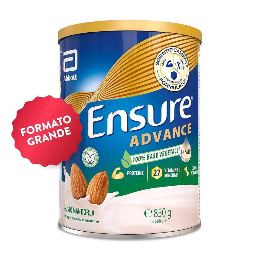 Immagine del prodotto Ensure Advance Integratore con Proteine Vegetali in Polvere, con 27 Vitamine e Minerali, Integratore Alimentare con Proteine 100% Vegetali, Calcio e HMB, Confezione 850g, Gusto 100% Vegetale