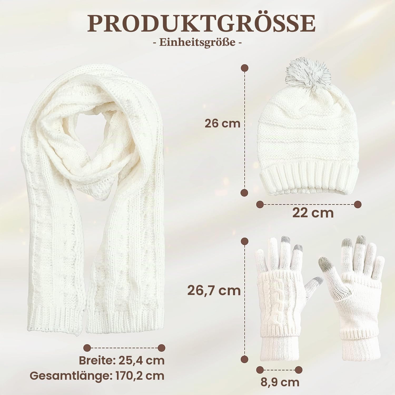 OROOTL Mütze, Schal & Handschuh Sets für Damen Winter, Touchscreen-Handschuhe Bommelmütze Handschuh Gestrickt Beanie Schnee Hut Warme Winterset 3 IN 1 für Mädchen, Frauen