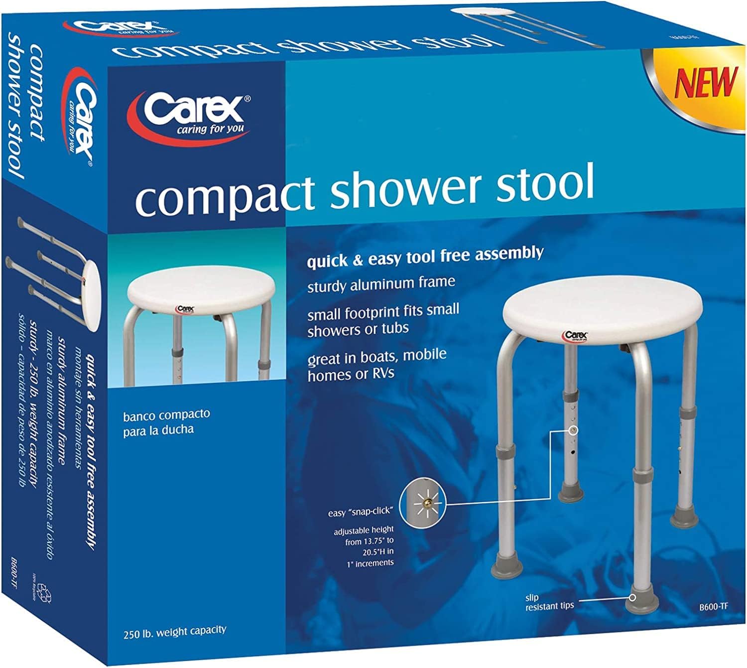 Carex Compact Shower Stool - Adjustable Height Bath Stool and Shower Seat - Aluminum Bath Seat that Supports 250lbs