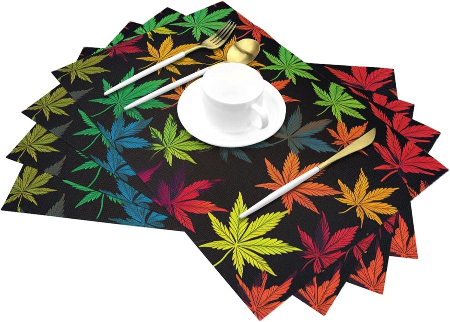 Placemats 6 PCS Heat Resistant Table Mats Colorful Cannabis Leaves Print Place Pads Set Washable Non-Slip PVC Woven Place Mats for Home Kitchen Weddings Holiday Party Decor 18 X 12 in