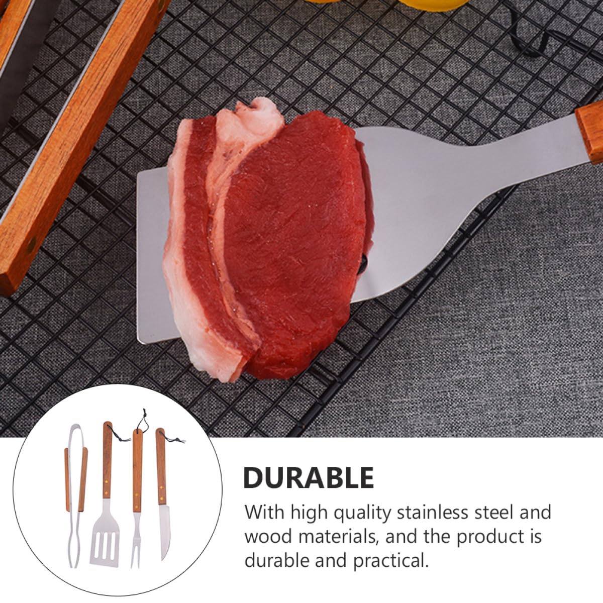 Langlebiges Grillbesteck aus Edelstahl mit Holzgriffen 1 Satz Praktisches Grillzubehör für Campingliebhaber und Gourmets Einfach zu Bedienen und Braun Gestaltet