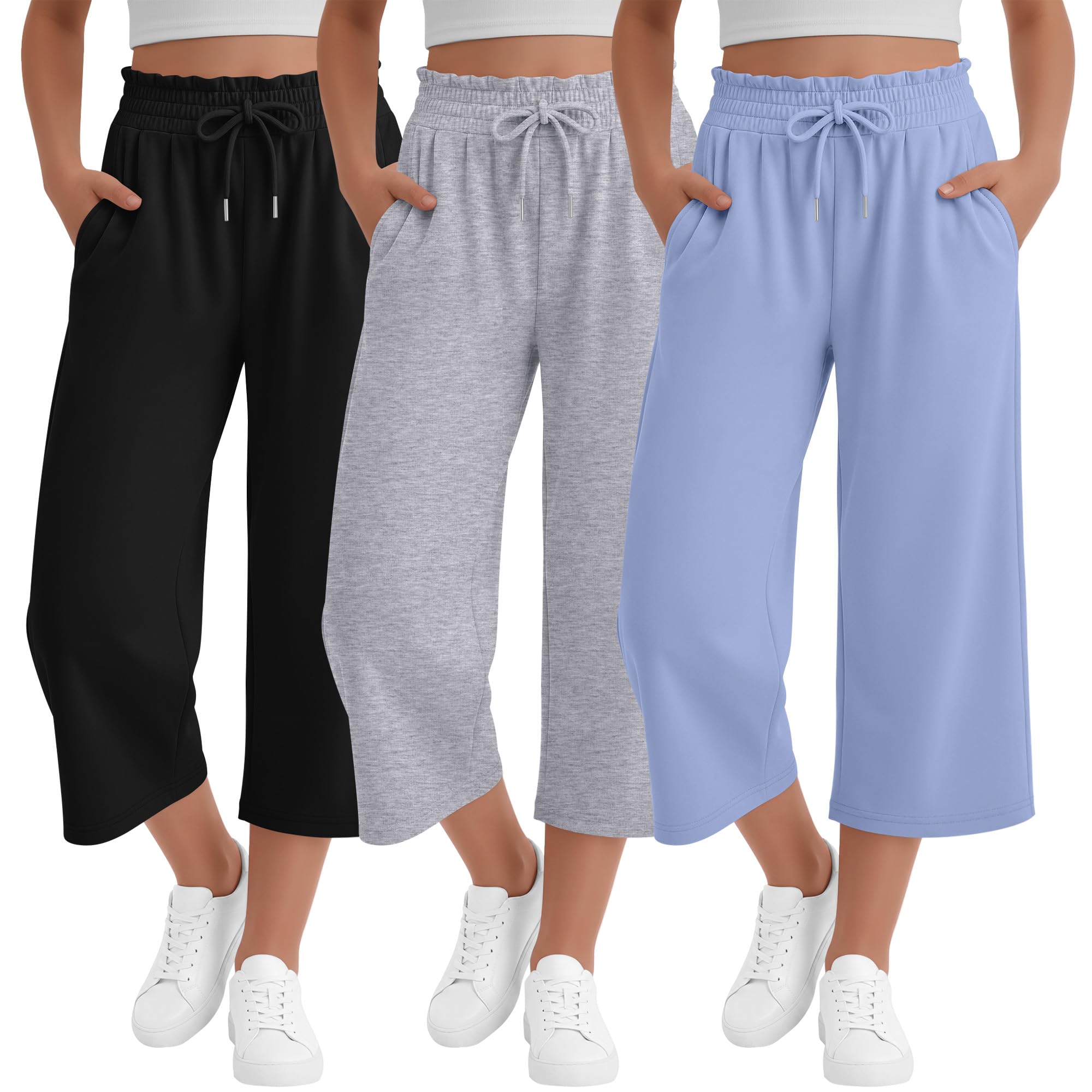 LessonZoo 3 Pack Girls' Capris Teen Wide Leg Capri Pants Drawstring Lettuce Elastic Waist Loose Fit Sweatpants with Pockets