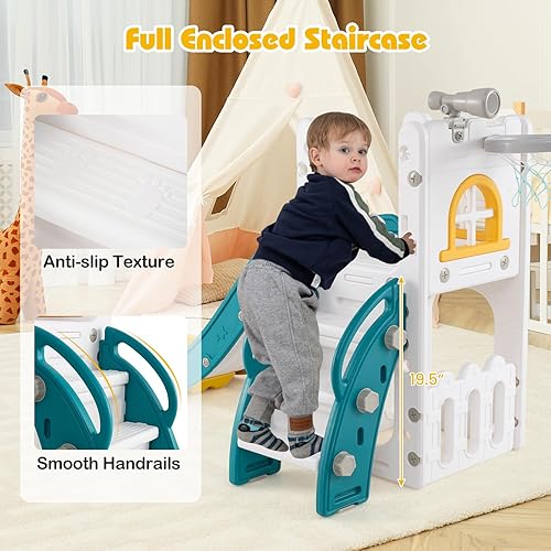 Miniatura 4 de BABY JOY Tobogán para niños pequeños, juego de tobogán 6 en 1 para interiores con aro de baloncesto, telescopio, escalera de escalada y espacio de