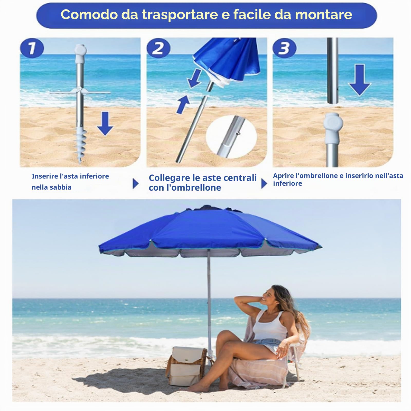 Ombrellone da Esterno Pieghevole Portatile Protezione UPF 50+ Pulsante Inclinazione Telaio in Metallo Valigia for Patio Giardino Spiaggia Piscina Cortile Blu(Sky Blue)