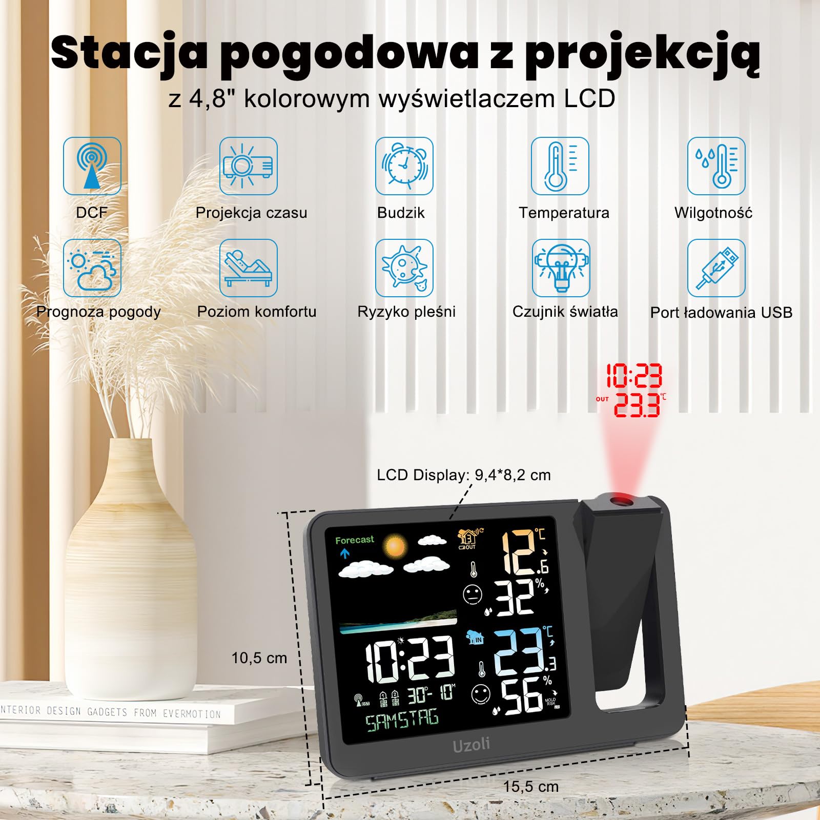 uzoli Budzik projekcyjny stacja pogodowa, WWVB Atomowy zegar projekcyjny z czujnikiem, regulowane podświetlenie, temperatura i wilgotność wewnątrz i na zewnątrz, cyfrowy zegar projekcyjny na sufit w