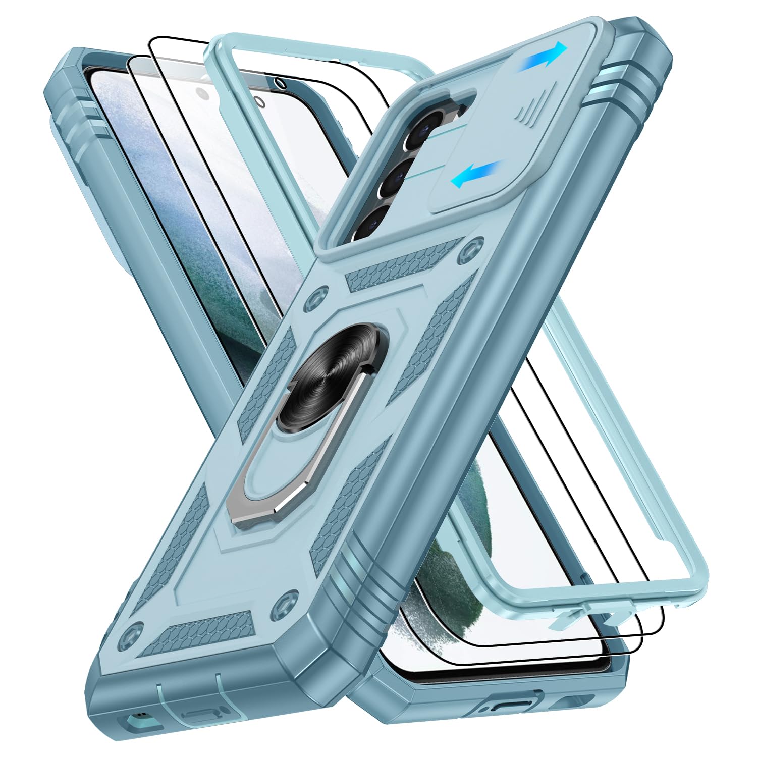 for Samsung Galaxy S21 5G Case with Screen Protector*2, Galaxy S21 Case Build in 360° Rotating Ring Kickstand, Military Grade Protective Case for Samsung S21 Phone, Green