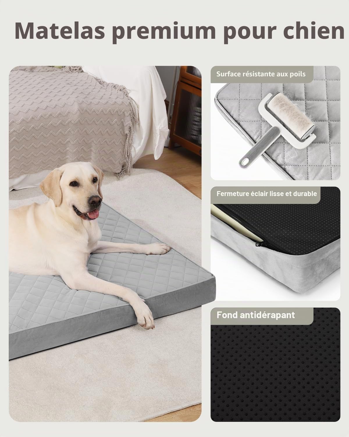 NUPIDA Lit orthopédique pour chien de grande taille, imperméable, matelassé, pour cage, avec housse amovible lavable et dos antidérapant, 104 x 68 cm, gris clair