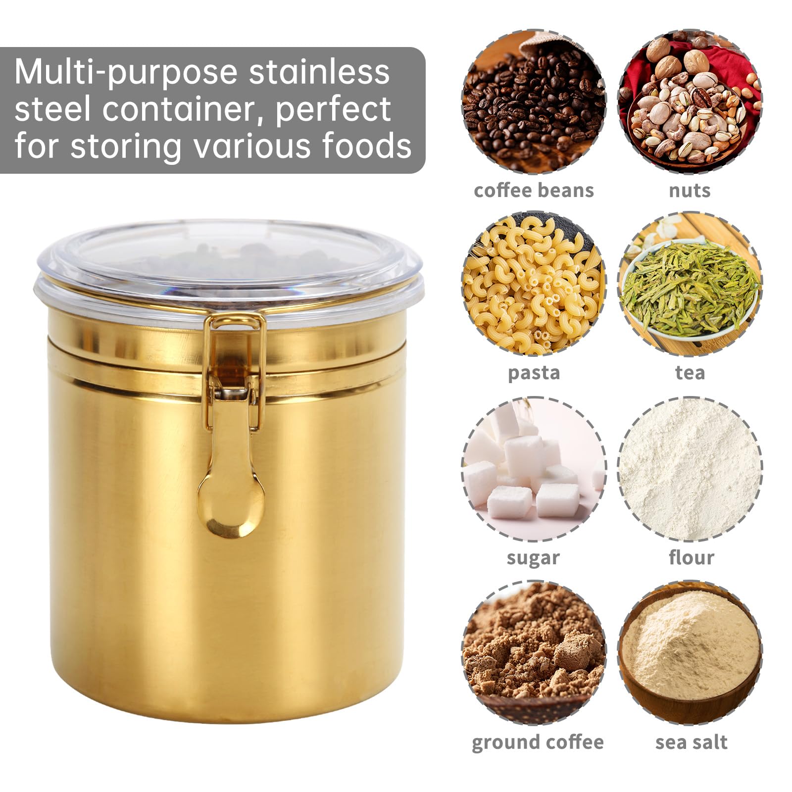 Recipiente de cocina de 50 onzas, tarro de alimentos de acero inoxidable para granos de café, té, harina, azúcar, almacenamiento de galletas, recipiente de café con tapa transparente hermética