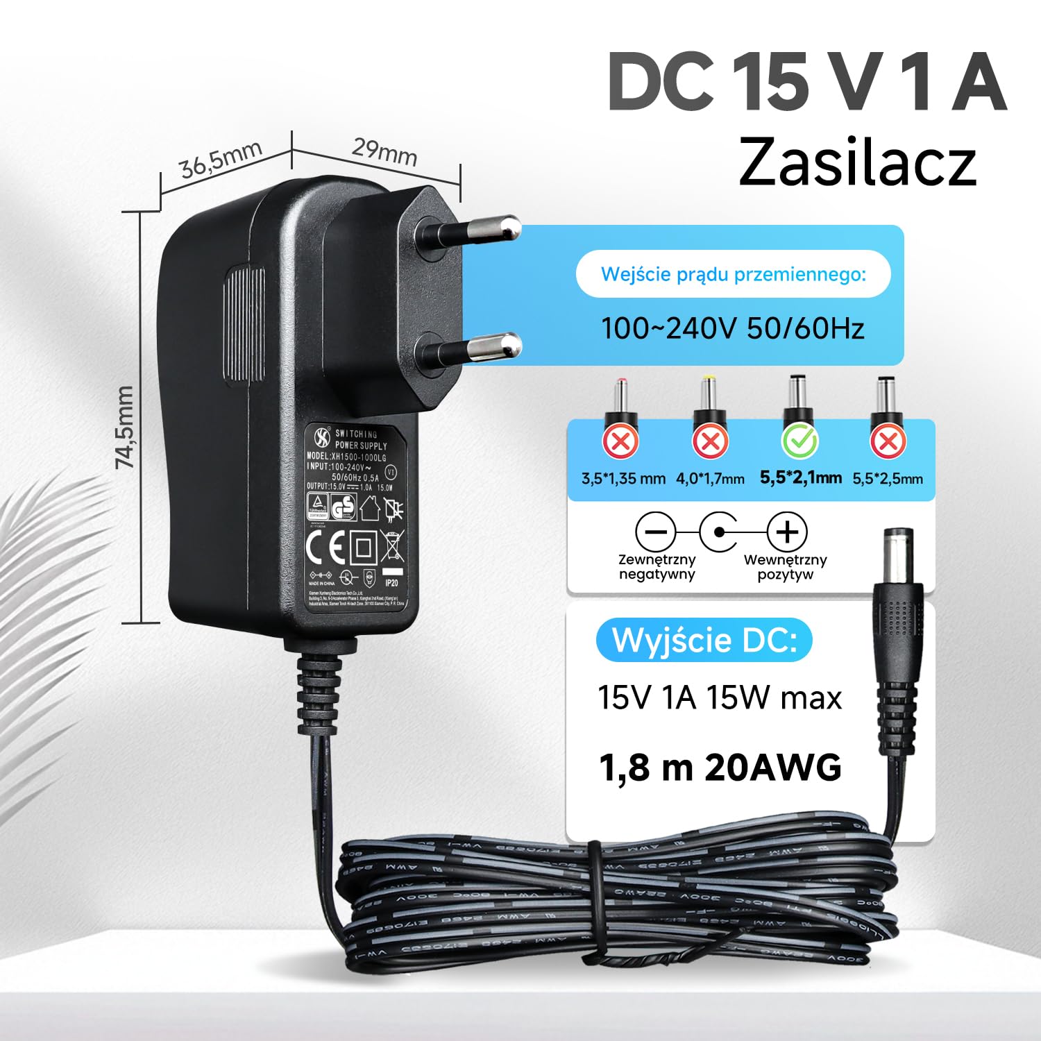 15 V 1 A/1000 mA 1,8 m długi zasilacz sieciowy, AC 100-240 V na DC 15 V 1 A 15 W adapter przełączający 5,5 x 2,1 mm wtyczka transformatora ściennego do Litter-Rototów i innych urządzeń 15 V,