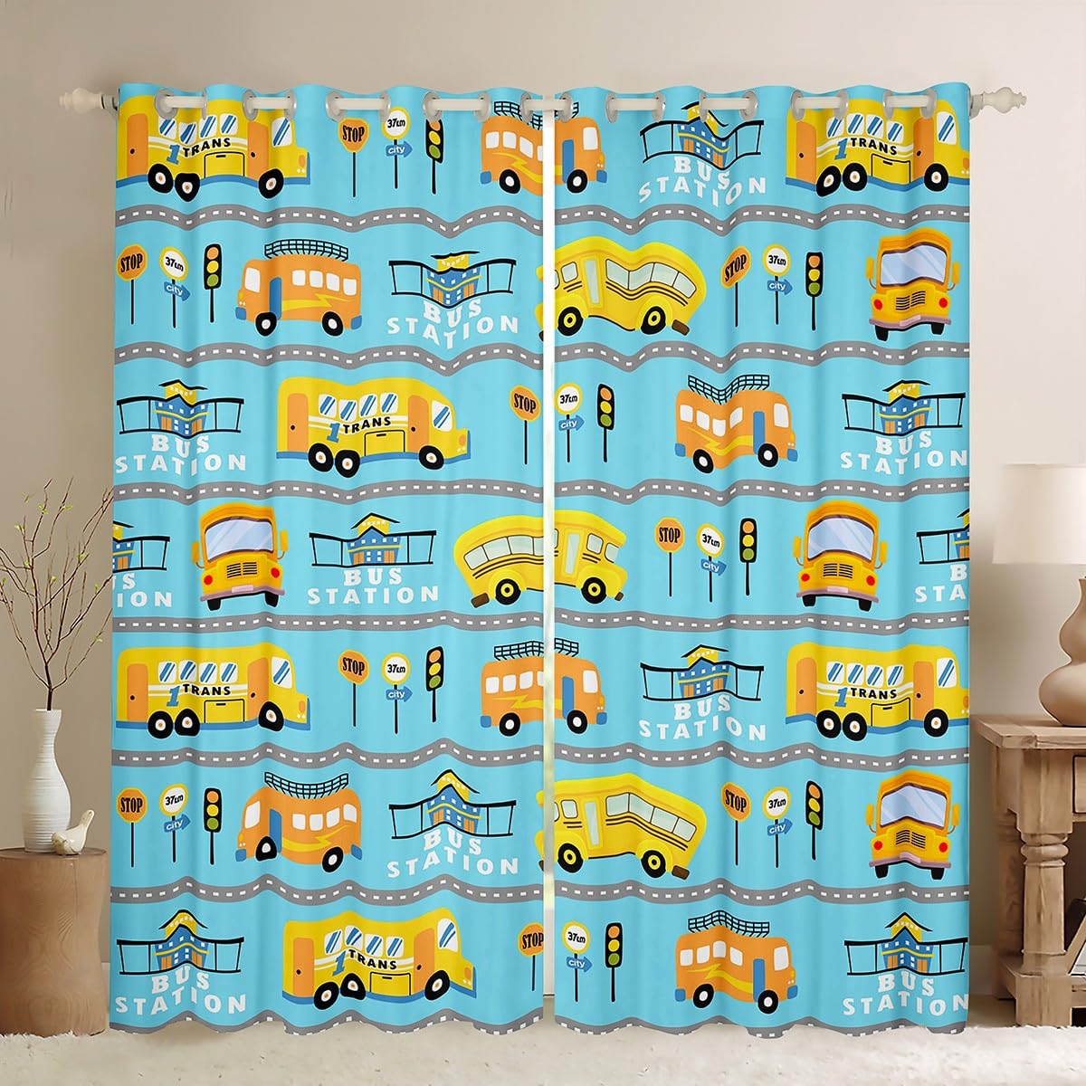 Homemissing School Bus Pattern Curtains for Bedroom Living Room Kids Construction Vehicles Blackout Curtains Boys Cartoon Car Darkening Dreapes Construction Site Cars Window Treatments W52*L63 โ image 1