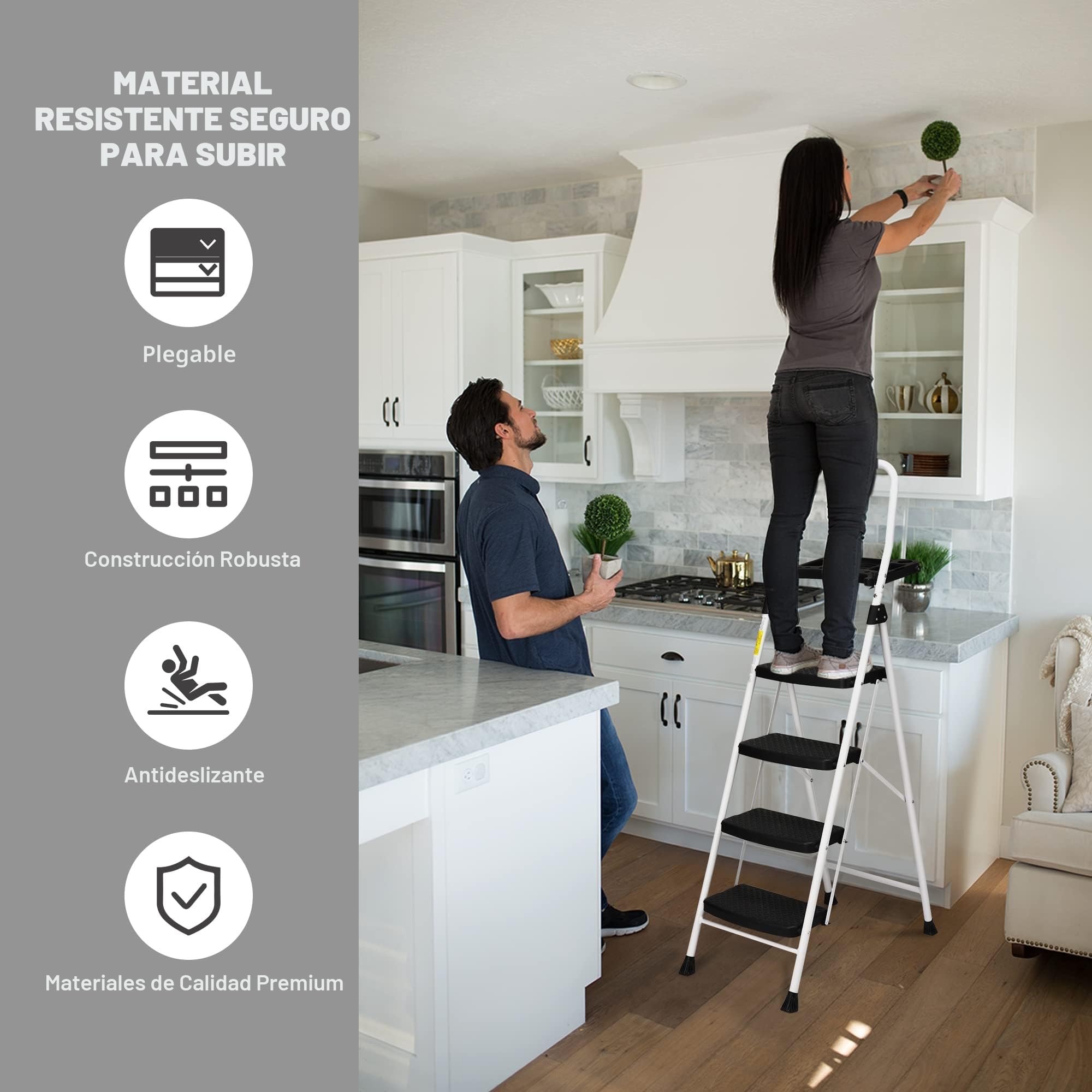 HBTower Escalera 4 Peldaños Plegable, Escalera con Bandeja para Herramientas, Asa de Goma, Fabricada en Acero, Capacidad de Carga hasta 150kg, Ideal para Renovaciones