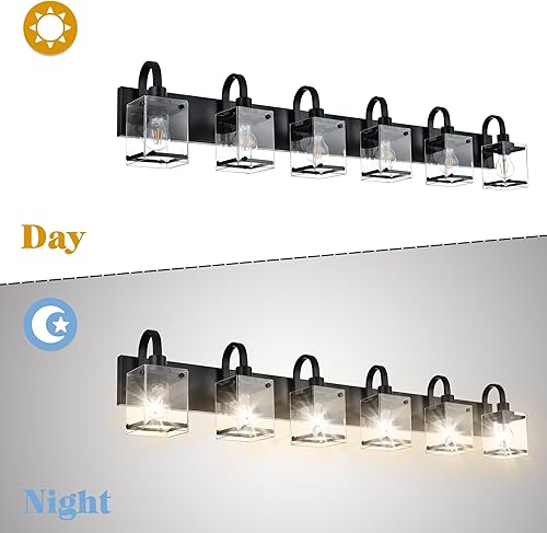 Miniatura 5 de Luces de tocador de baño de 6 luces, luces de pared negras modernas para baño con pantalla de vidrio transparente, para espejo, cama, pasillo (base
