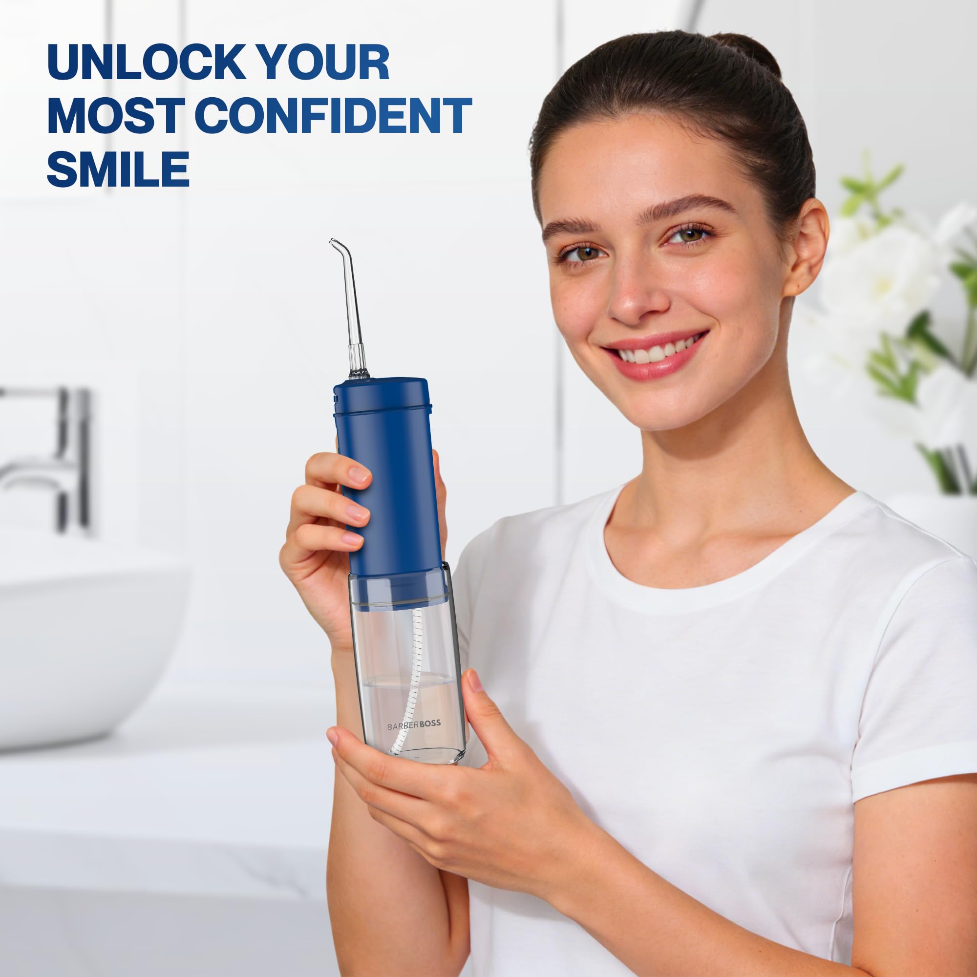 BarberBoss Flosser tascabile, irrigatore orale portatile per denti, 6 punte intercambiabili e design ricaricabile USB-C, idropulsore da viaggio con 3 modalità di pressione, QR-7116 (blu navy)