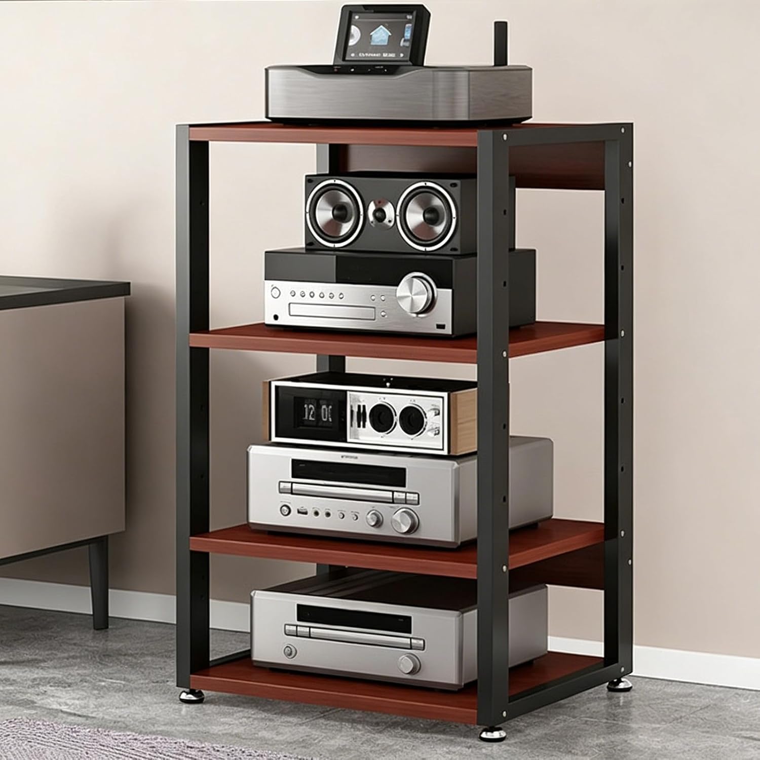 AV Media Stand, Audio Visual Shelving Stereo Cabinet, Audio Rack Tower, Record Player Console Cabinet, Gaming Shelves Media Console Corner(Brown,4 Tier 87cm/34.2in)