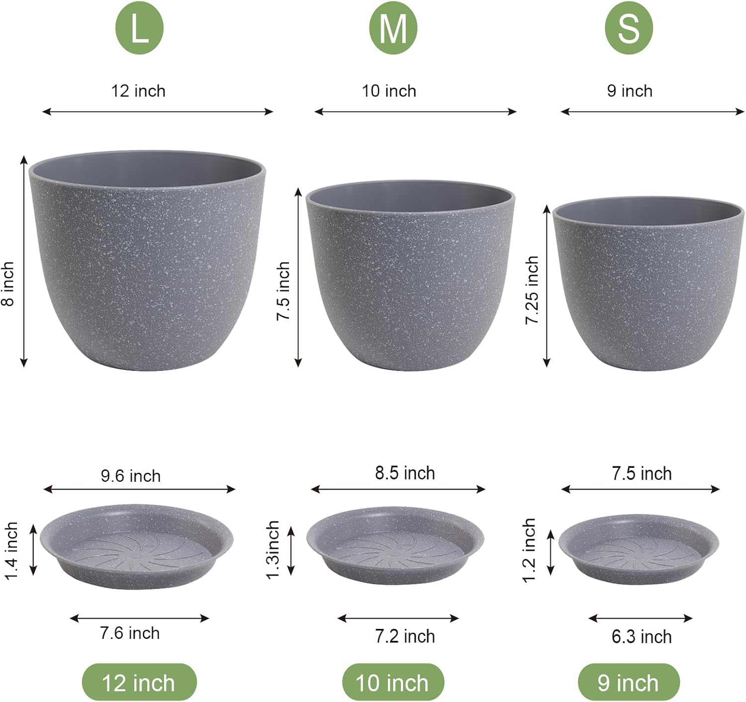 UOUZ 12/10/9 Large Modern Plant Pots, Plastic Planters with Drainage Holes and Saucers for Indoor Outdoor Plants Flowers, Grey Speckles